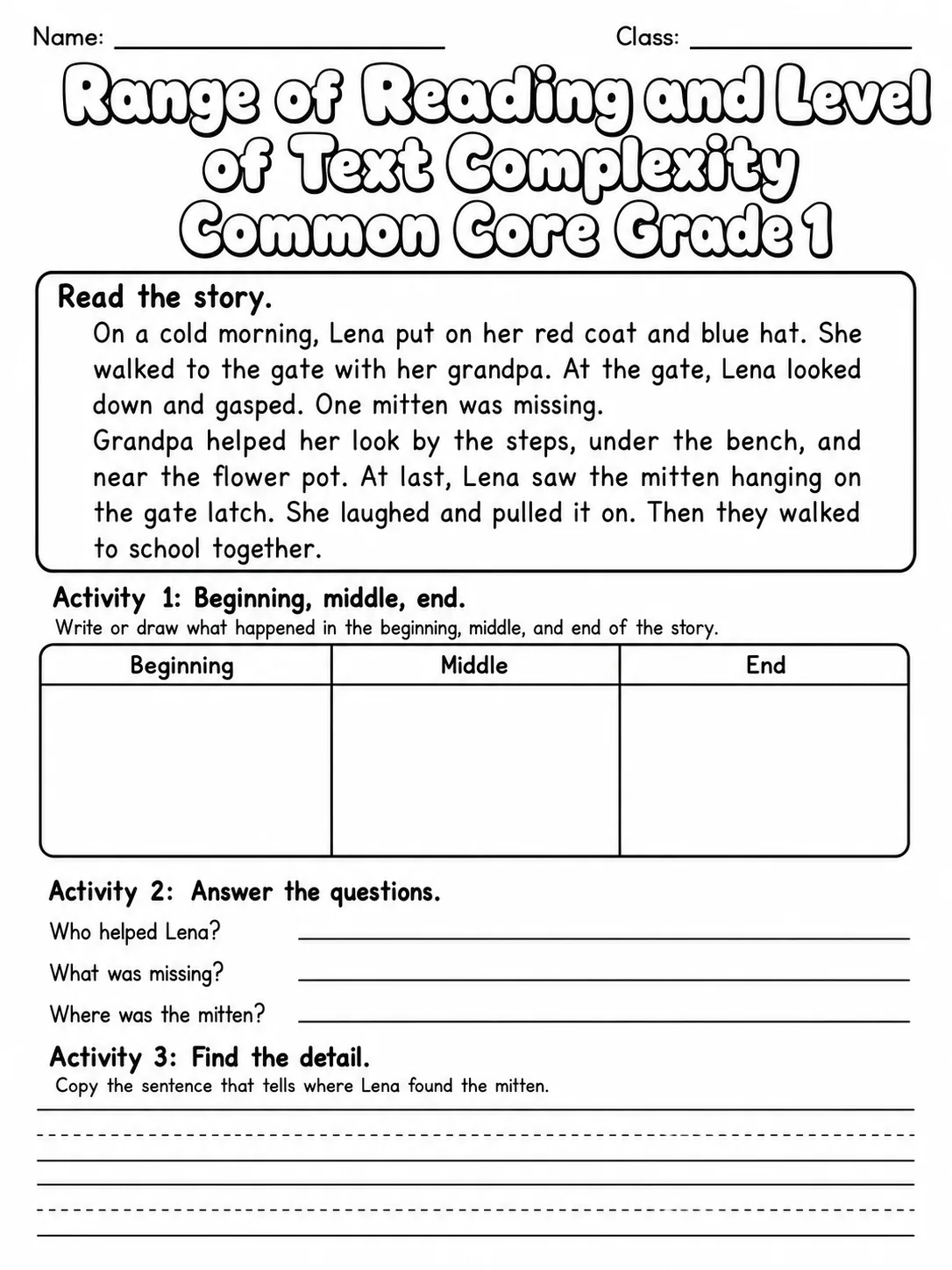 Range of Reading and Level of Text Complexity Common Core Grade 1 page 4 printable Common Core ELA worksheet preview