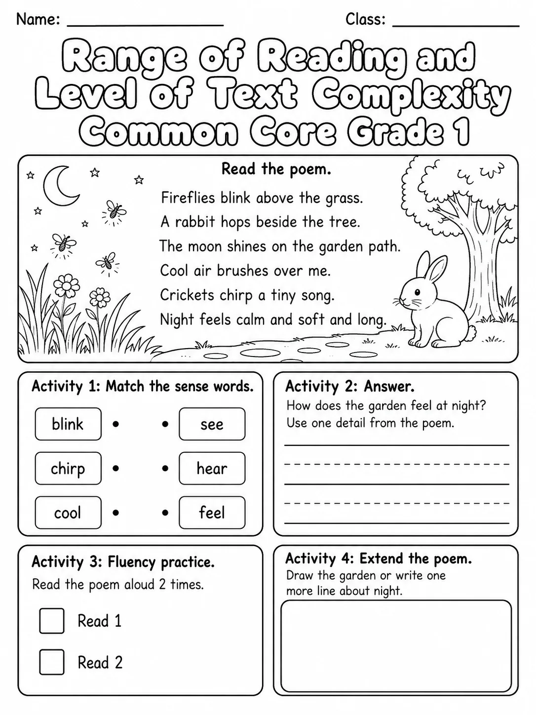Range of Reading and Level of Text Complexity Common Core Grade 1 page 5 printable Common Core ELA worksheet preview