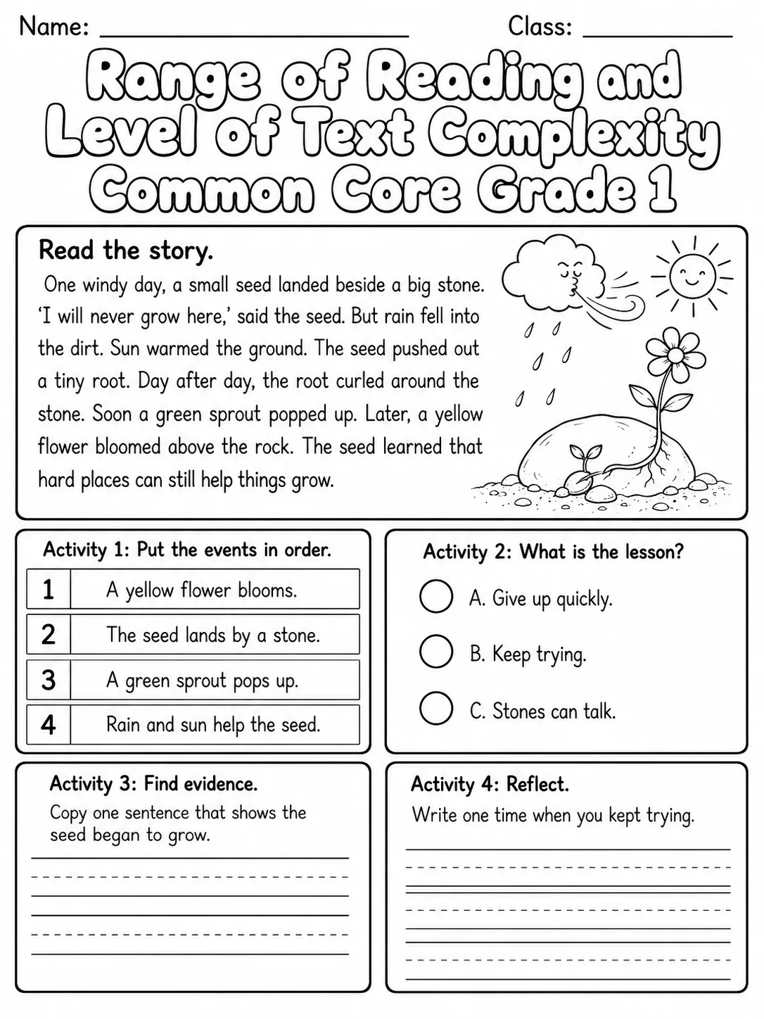 Range of Reading and Level of Text Complexity Common Core Grade 1 page 6 printable Common Core ELA worksheet preview