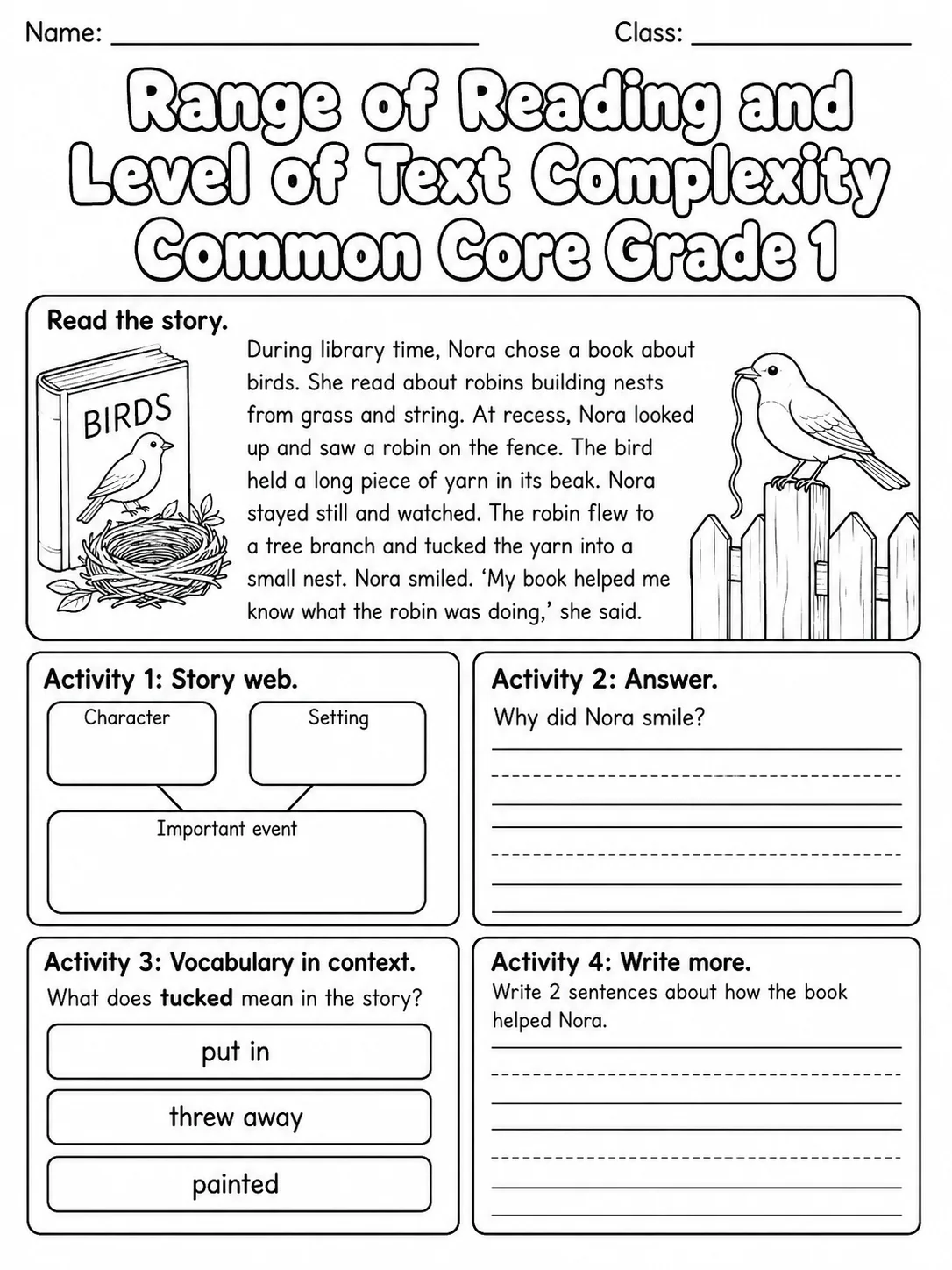 Range of Reading and Level of Text Complexity Common Core Grade 1 page 7 printable Common Core ELA worksheet preview