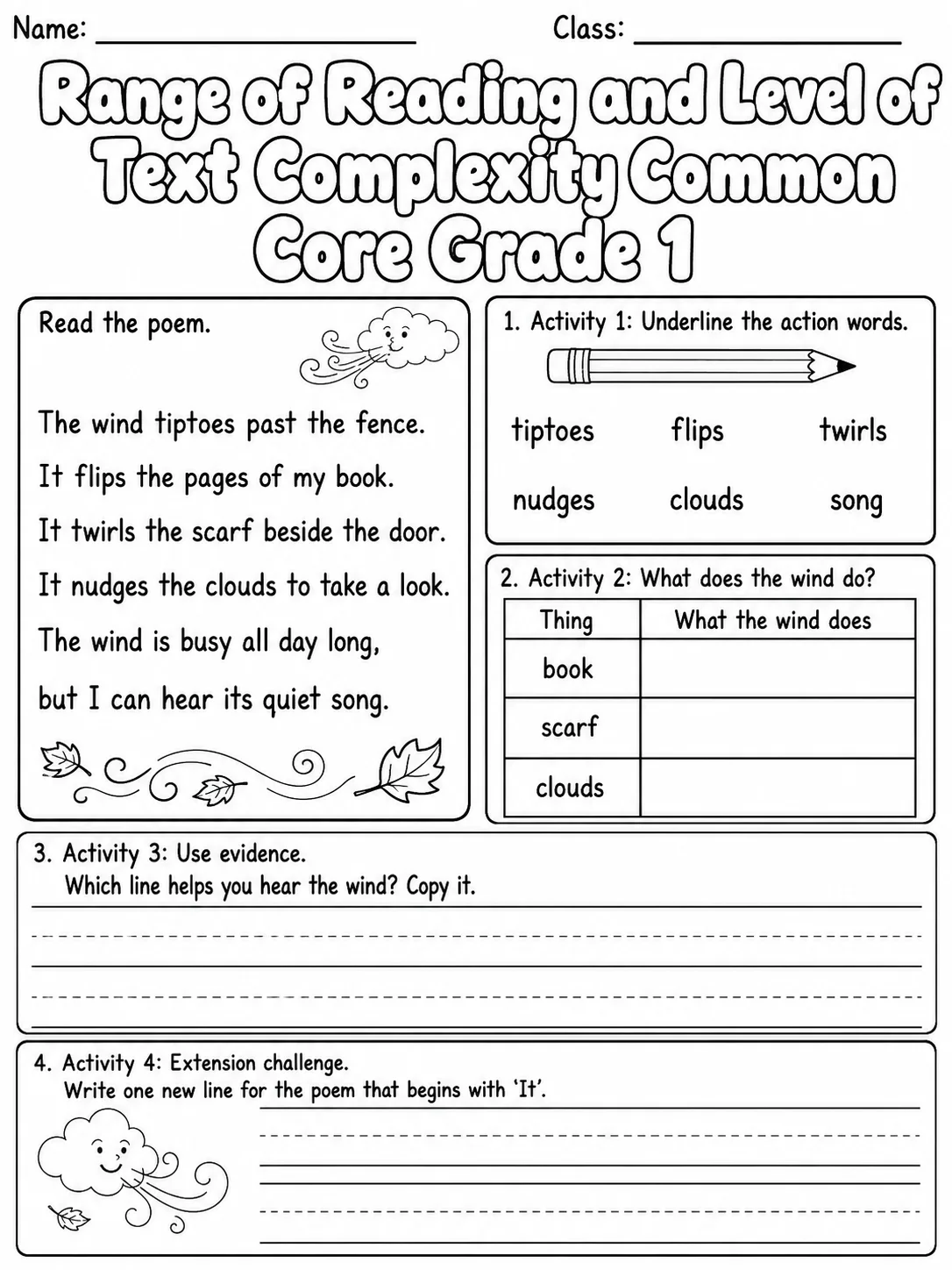Range of Reading and Level of Text Complexity Common Core Grade 1 page 8 printable Common Core ELA worksheet preview