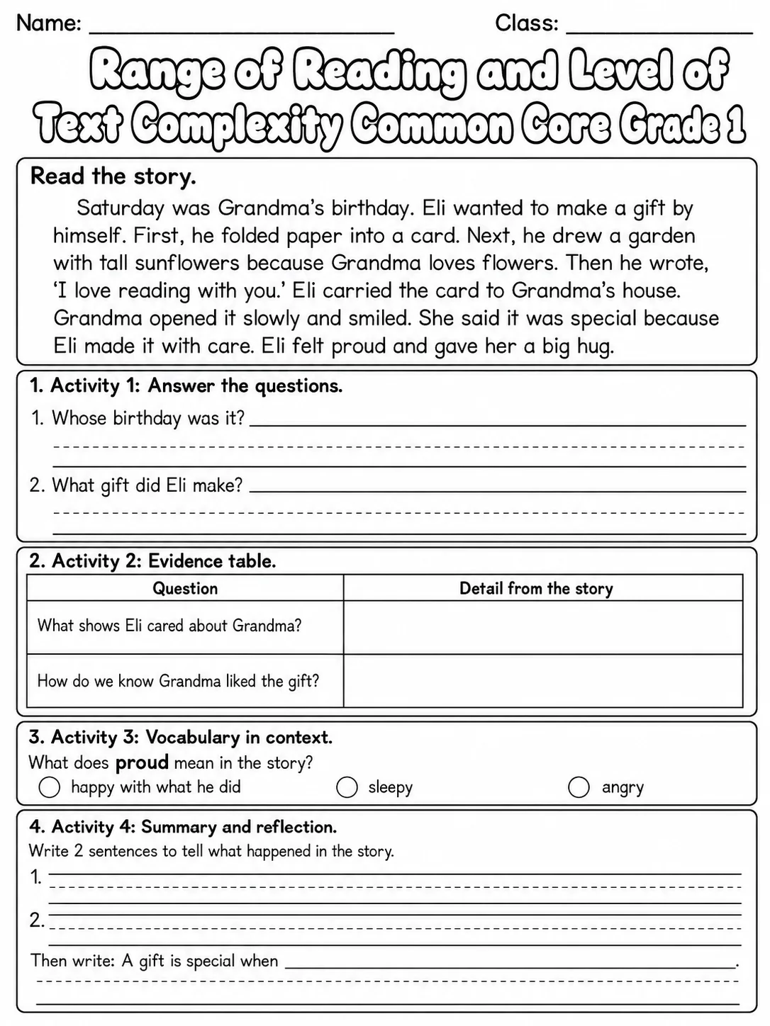 Range of Reading and Level of Text Complexity Common Core Grade 1 page 9 printable Common Core ELA worksheet preview