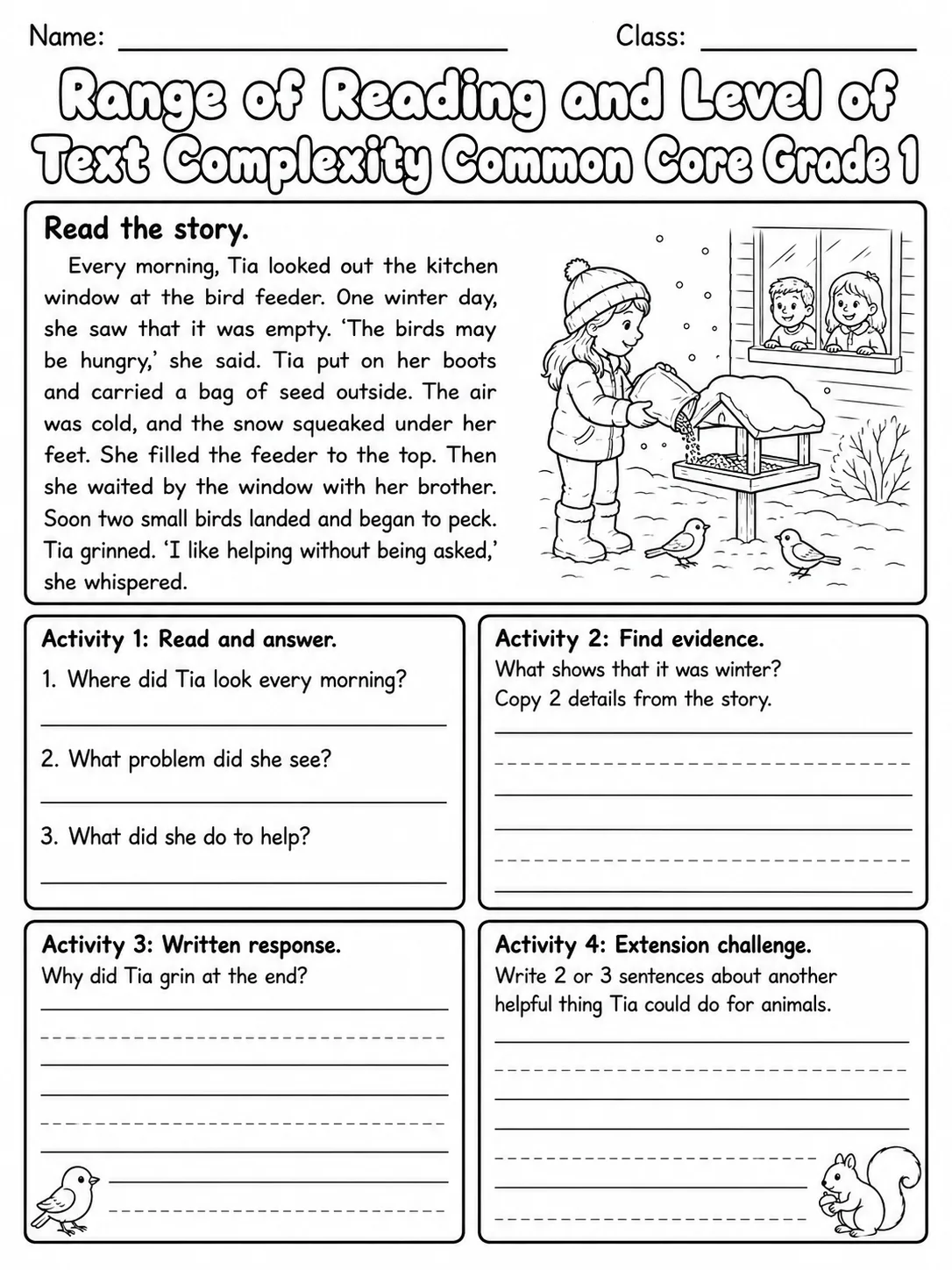 Range of Reading and Level of Text Complexity Common Core Grade 1 page 10 printable Common Core ELA worksheet preview