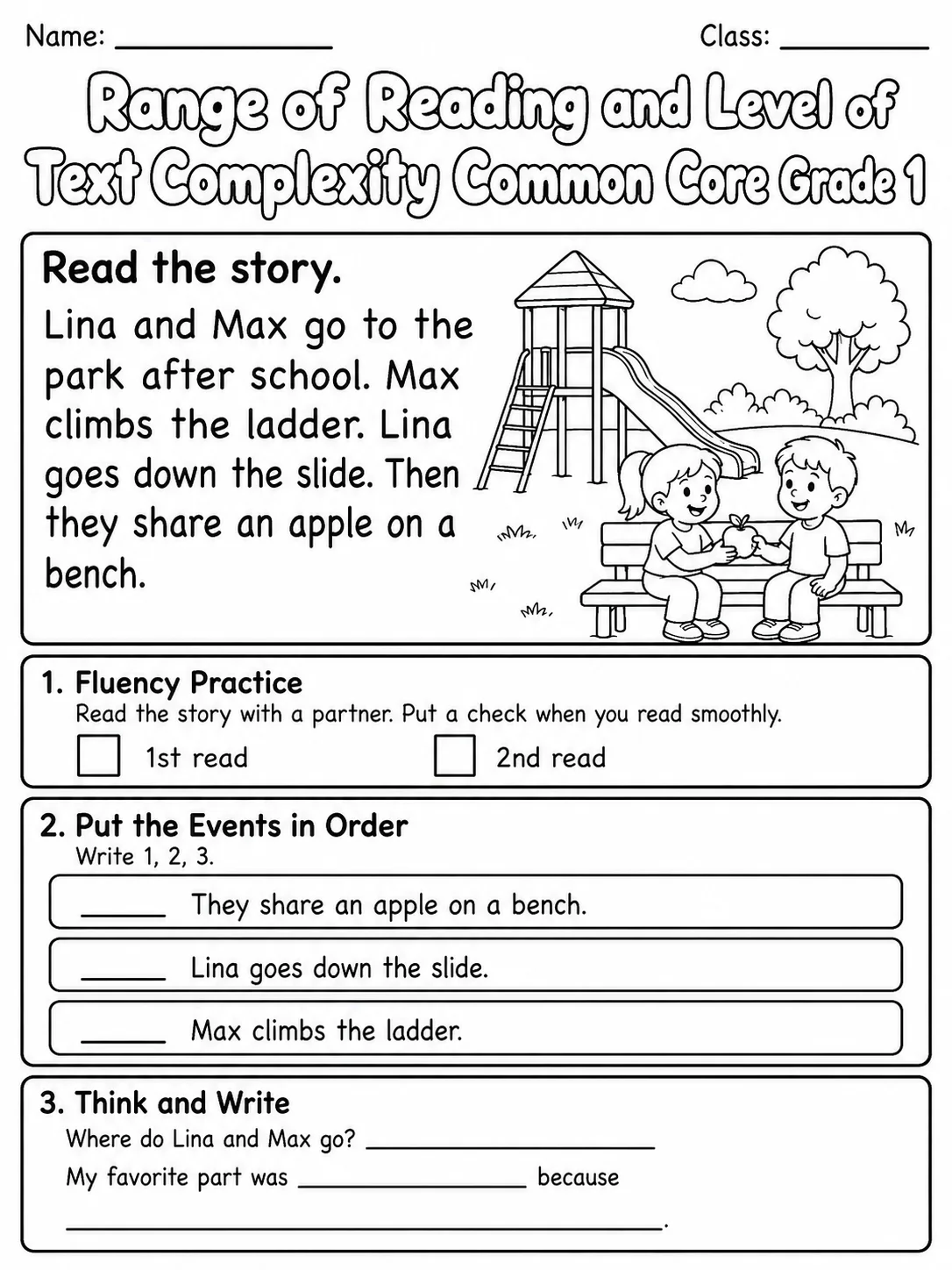 Range of Reading and Level of Text Complexity Common Core Grade 1 page 3 printable Common Core ELA worksheet preview