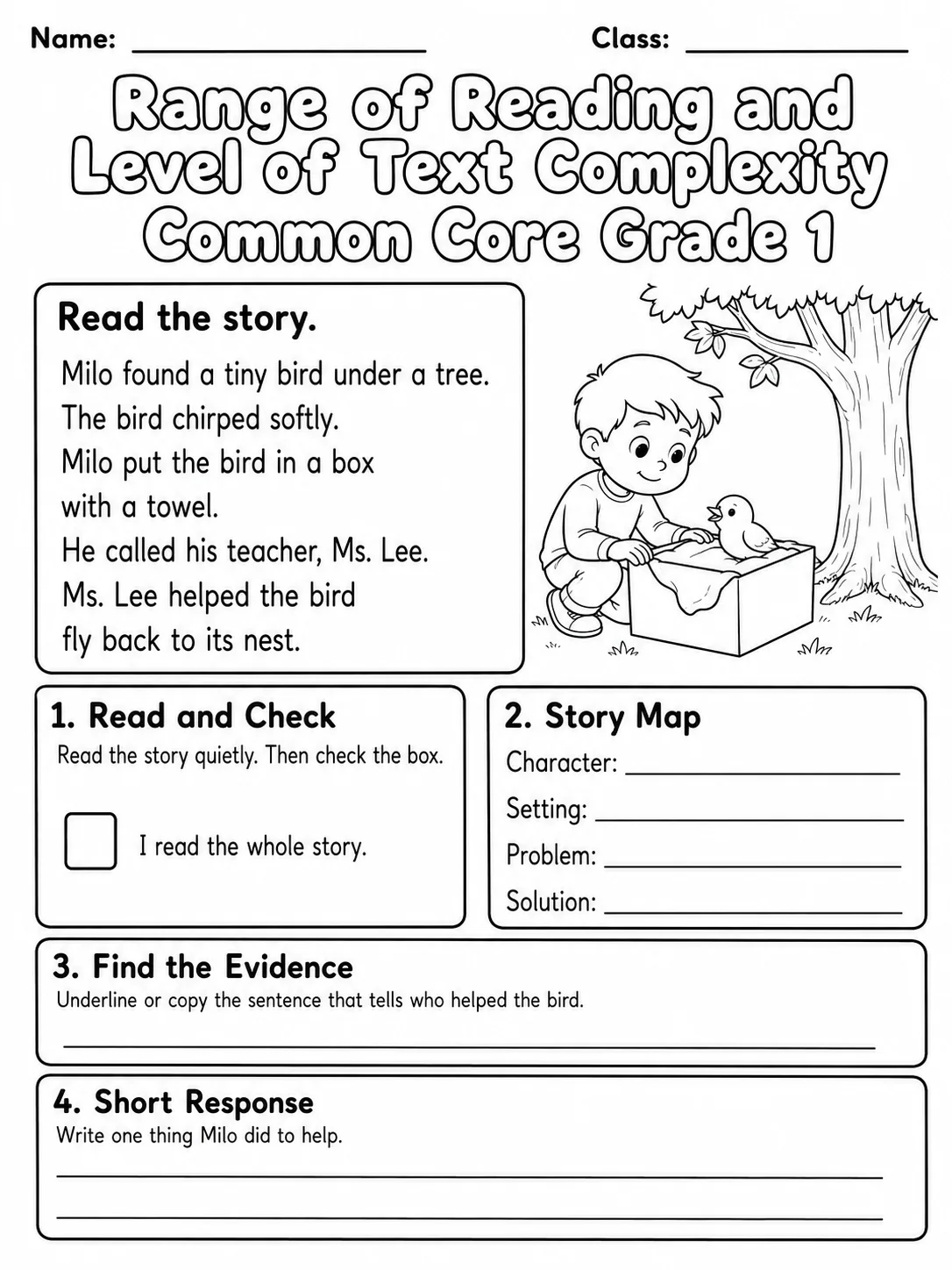 Range of Reading and Level of Text Complexity Common Core Grade 1 page 5 printable Common Core ELA worksheet preview