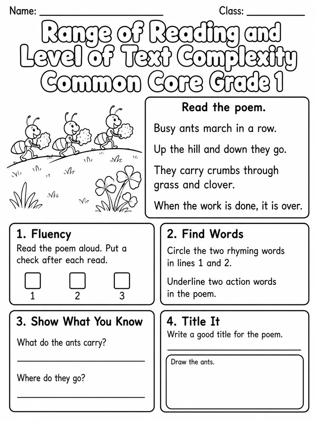 Range of Reading and Level of Text Complexity Common Core Grade 1 page 6 printable Common Core ELA worksheet preview