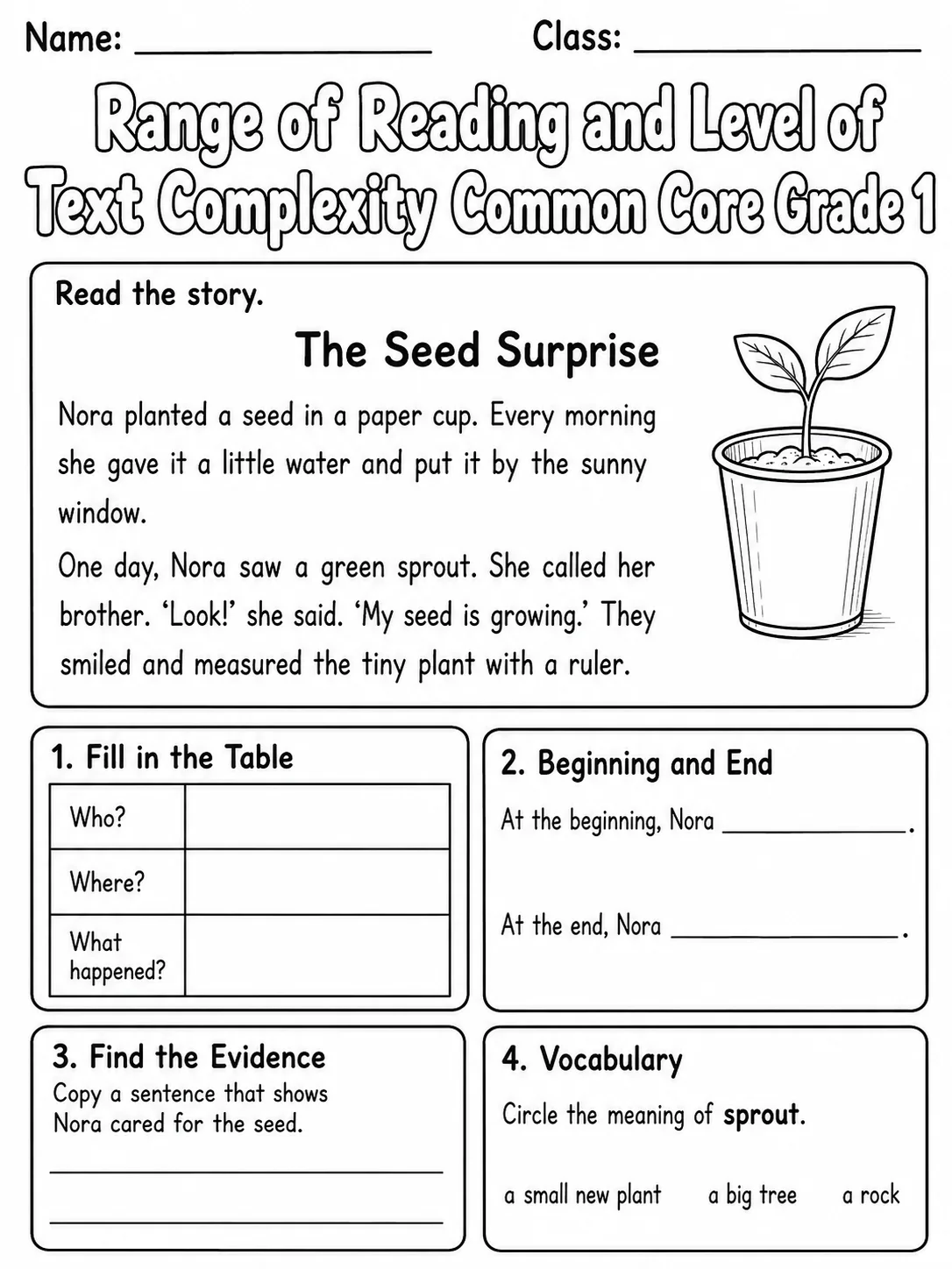 Range of Reading and Level of Text Complexity Common Core Grade 1 page 7 printable Common Core ELA worksheet preview