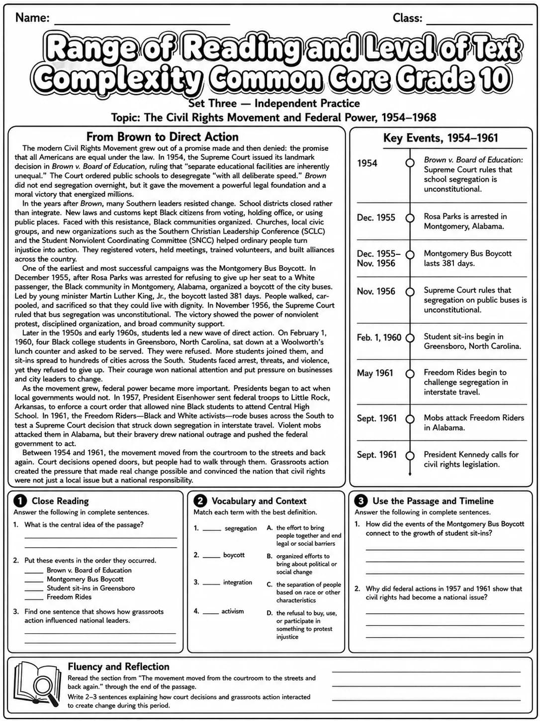 Range of Reading and Level of Text Complexity Common Core Grade 10 page 7 printable Common Core ELA worksheet preview