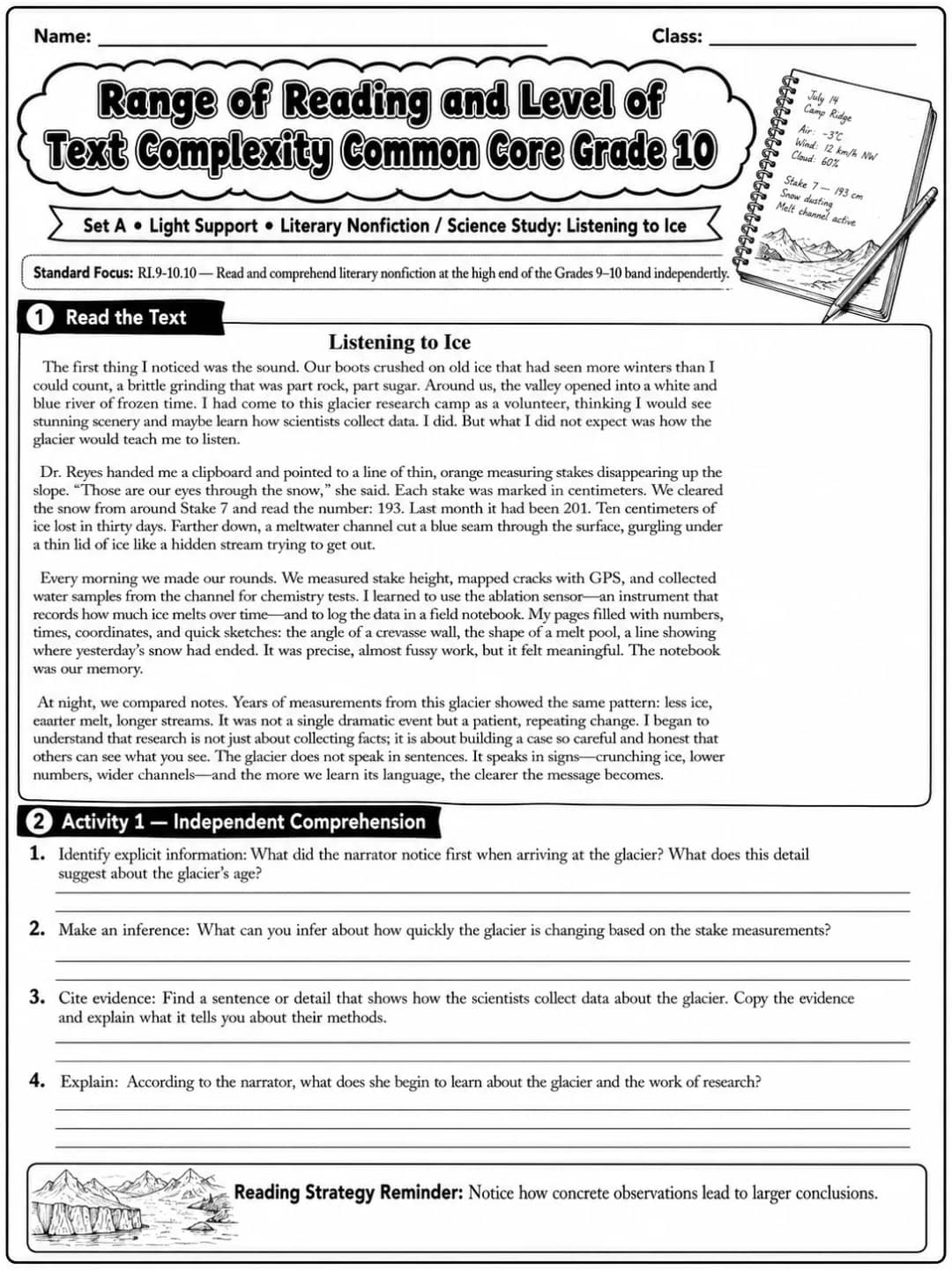 Range of Reading and Level of Text Complexity Common Core Grade 10 printable Common Core ELA Grade 10 worksheet preview from KiwiBee