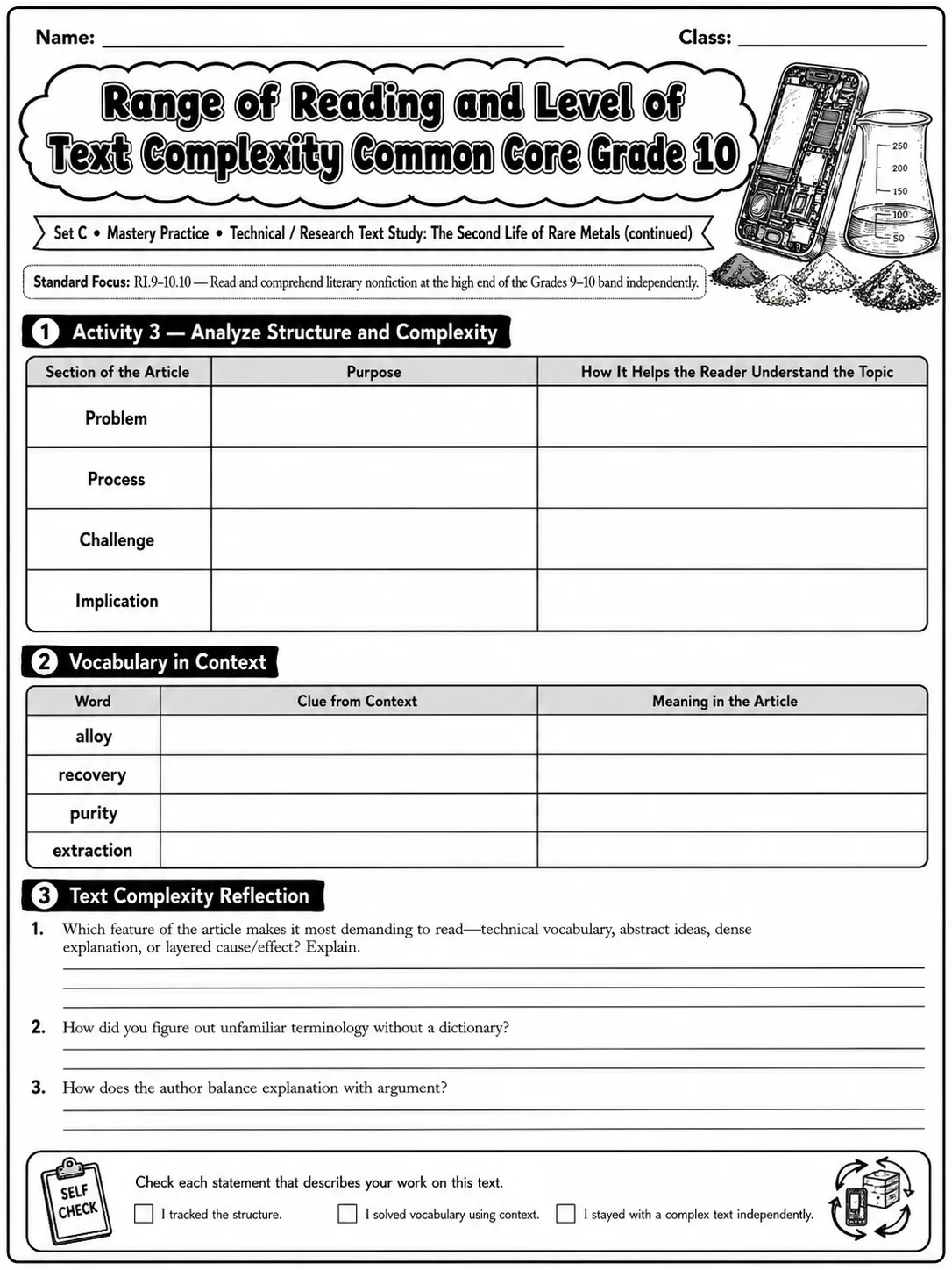 Range of Reading and Level of Text Complexity Common Core Grade 10 page 4 printable Common Core ELA worksheet preview