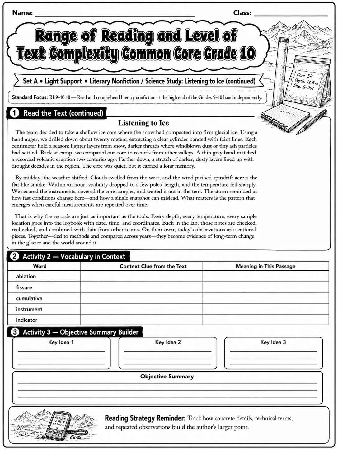 Range of Reading and Level of Text Complexity Common Core Grade 10 page 6 printable Common Core ELA worksheet preview