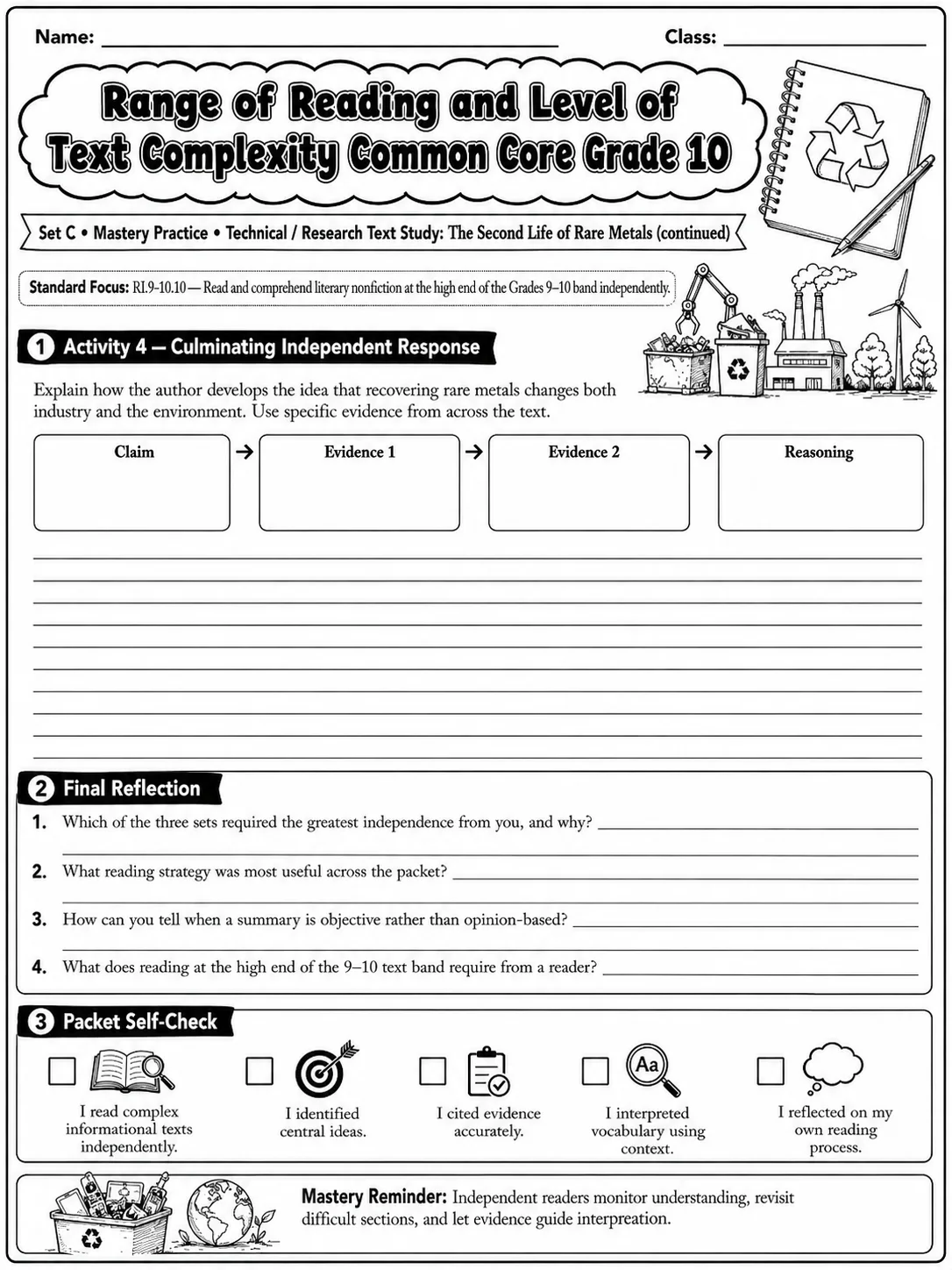 Range of Reading and Level of Text Complexity Common Core Grade 10 page 7 printable Common Core ELA worksheet preview