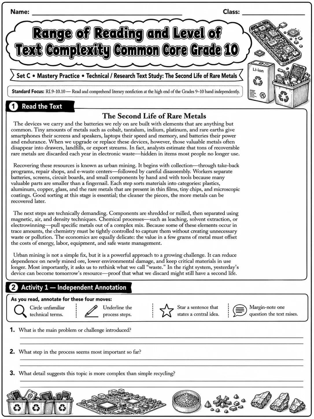 Range of Reading and Level of Text Complexity Common Core Grade 10 page 8 printable Common Core ELA worksheet preview