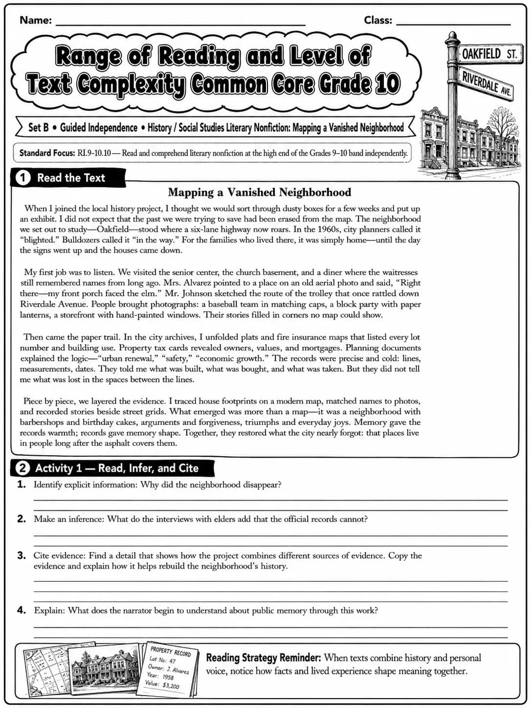 Range of Reading and Level of Text Complexity Common Core Grade 10 page 10 printable Common Core ELA worksheet preview