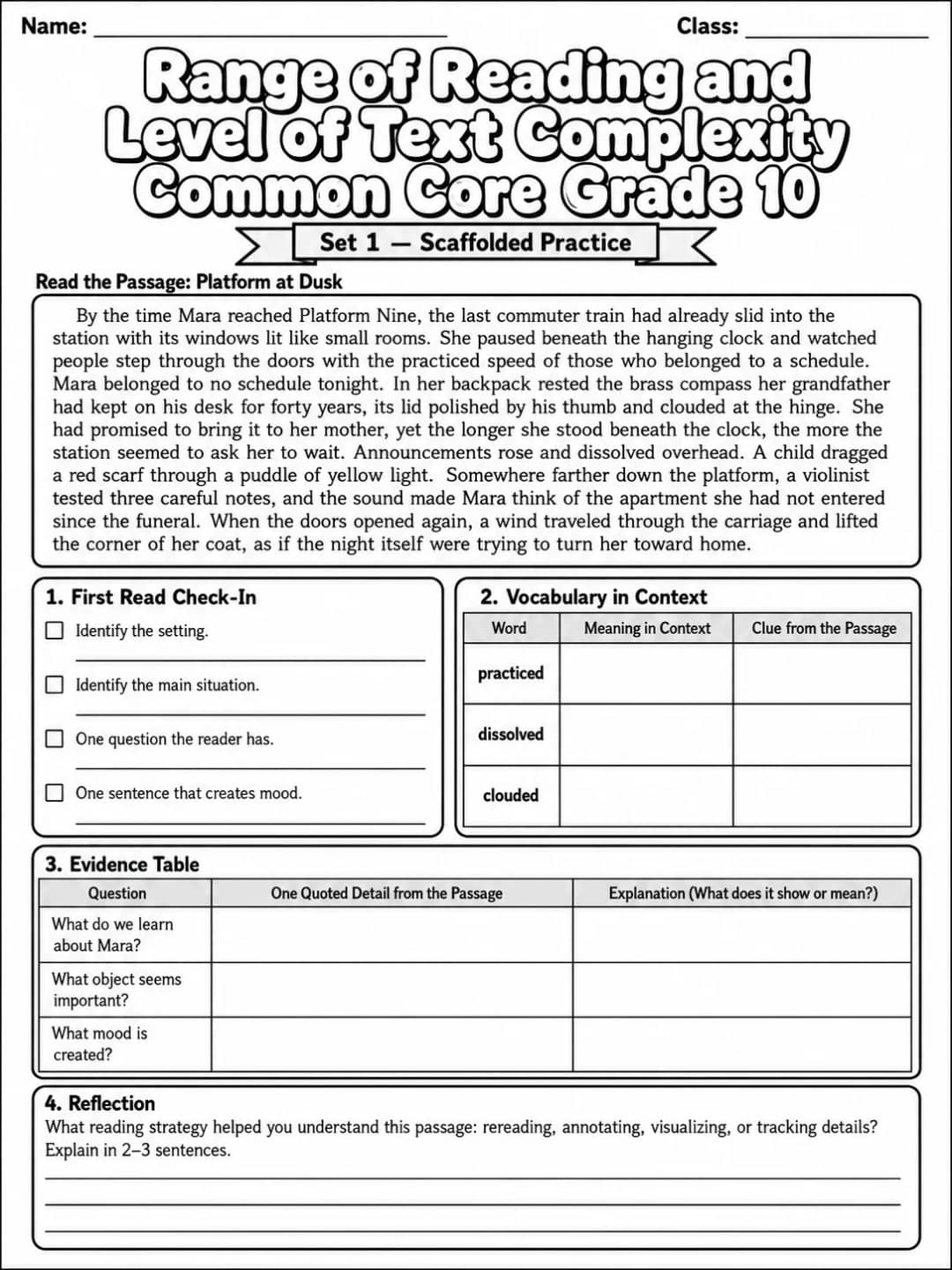 Range of Reading and Level of Text Complexity Common Core Grade 10 printable Common Core ELA Grade 10 worksheet preview from KiwiBee