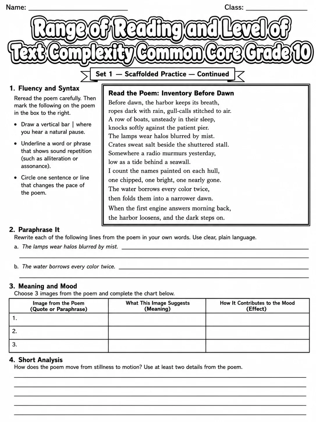 Range of Reading and Level of Text Complexity Common Core Grade 10 page 2 printable Common Core ELA worksheet preview