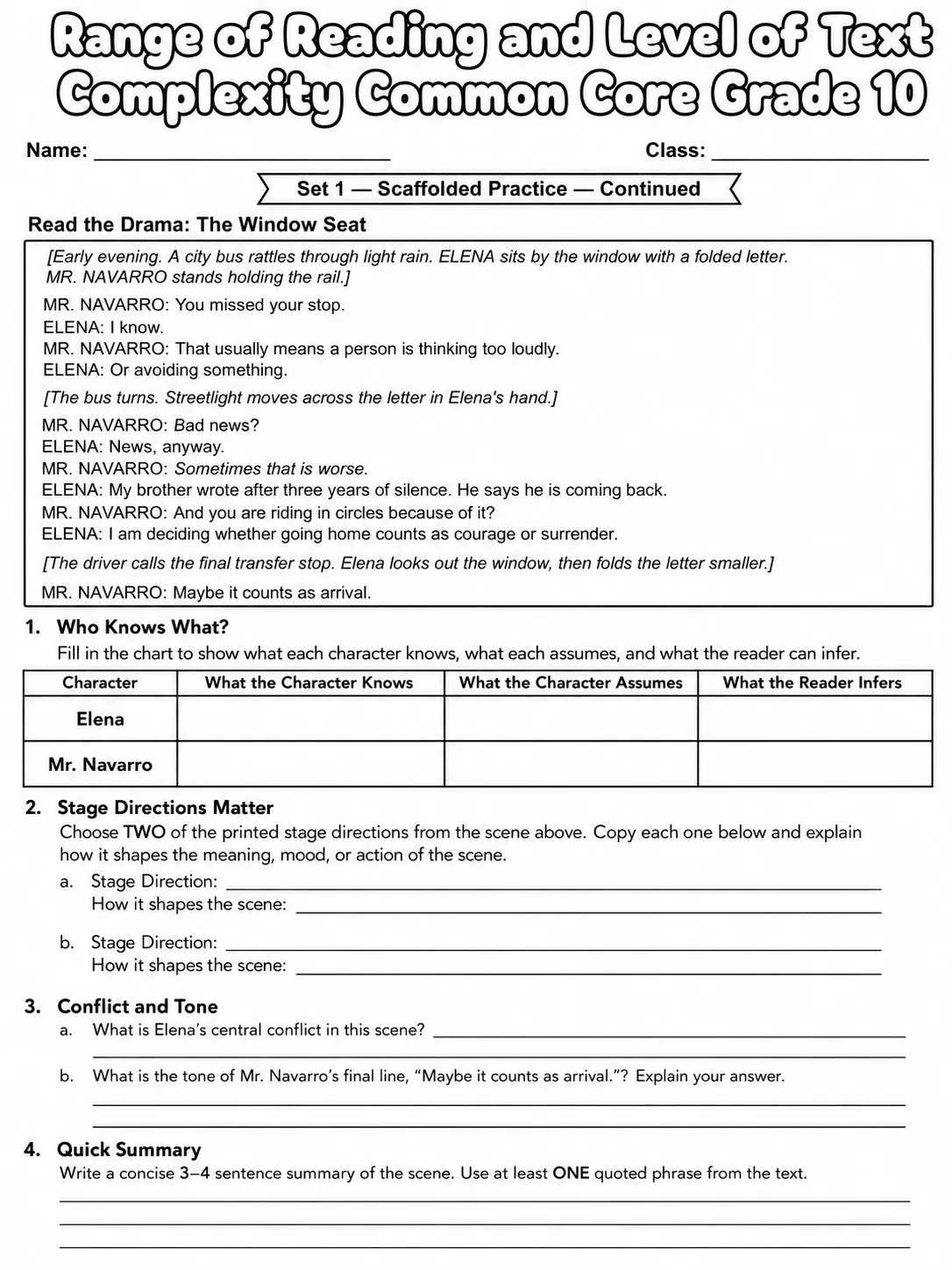 Range of Reading and Level of Text Complexity Common Core Grade 10 page 3 printable Common Core ELA worksheet preview