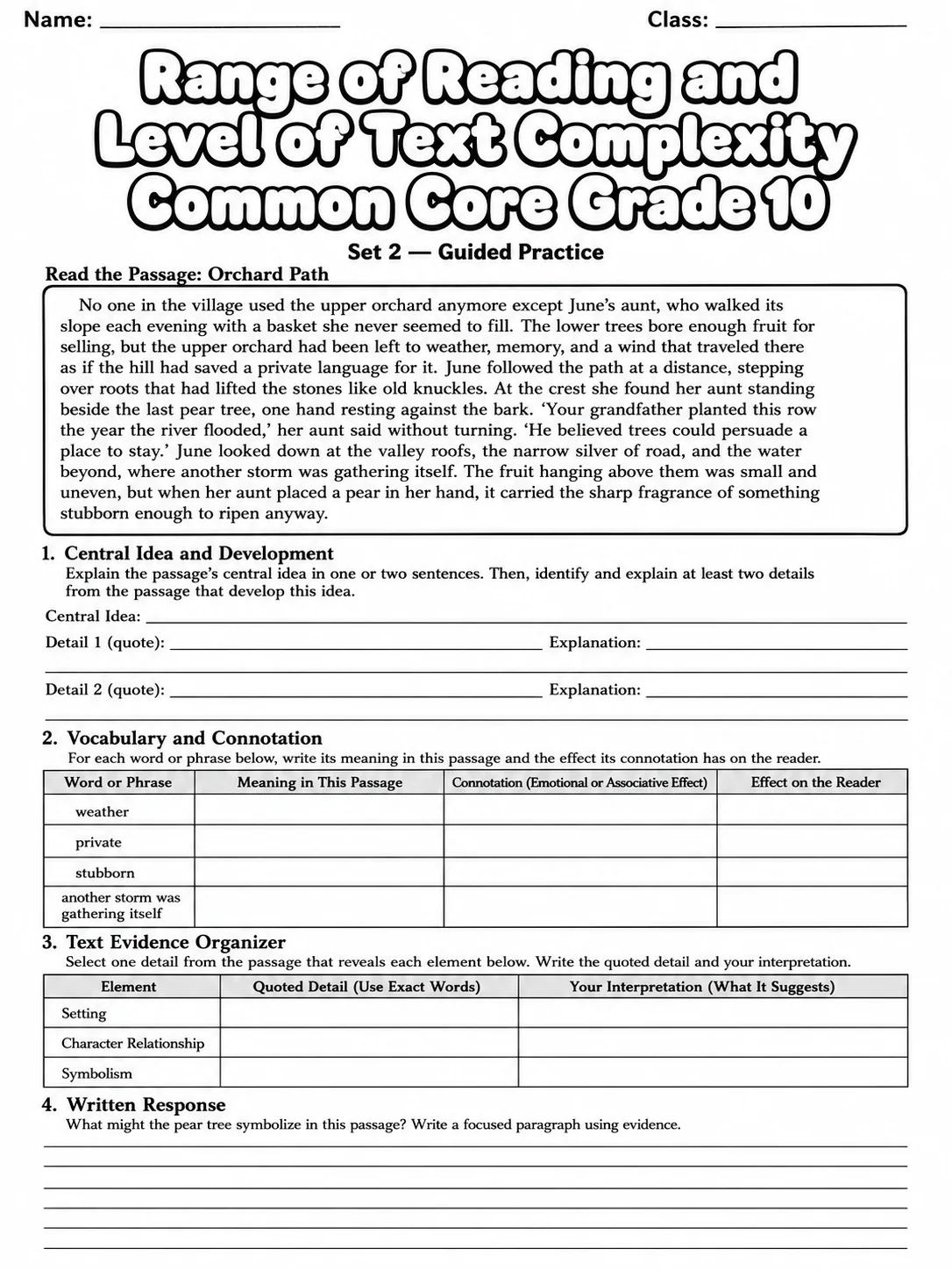 Range of Reading and Level of Text Complexity Common Core Grade 10 page 4 printable Common Core ELA worksheet preview