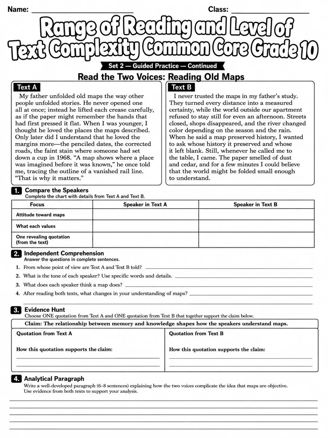 Range of Reading and Level of Text Complexity Common Core Grade 10 page 5 printable Common Core ELA worksheet preview
