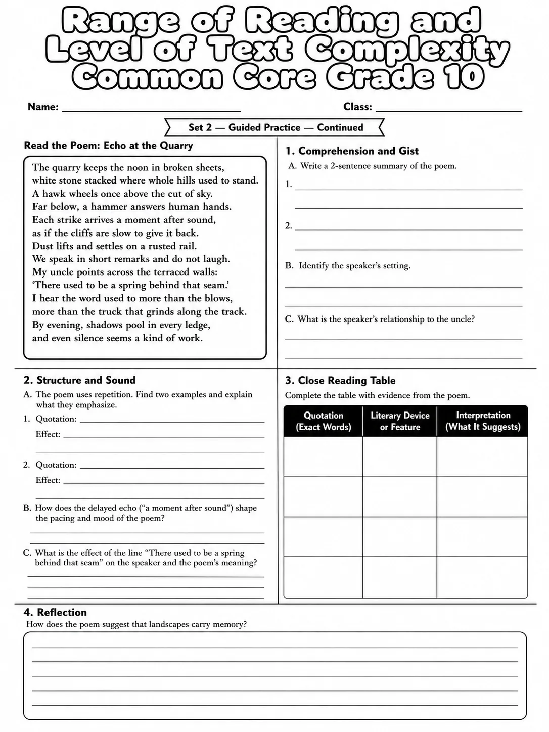 Range of Reading and Level of Text Complexity Common Core Grade 10 page 6 printable Common Core ELA worksheet preview