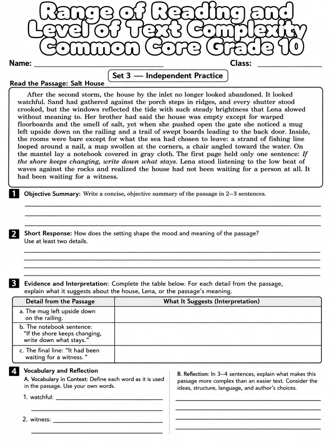 Range of Reading and Level of Text Complexity Common Core Grade 10 page 7 printable Common Core ELA worksheet preview