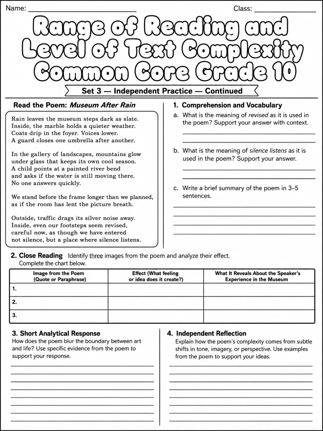 Range of Reading and Level of Text Complexity Common Core Grade 10 page 9 printable Common Core ELA worksheet preview