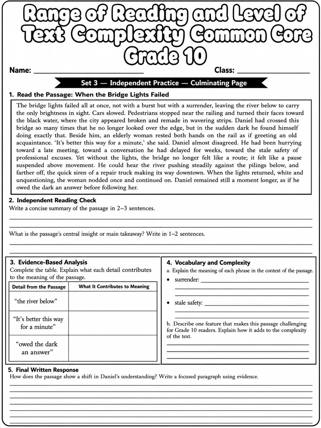 Range of Reading and Level of Text Complexity Common Core Grade 10 page 10 printable Common Core ELA worksheet preview