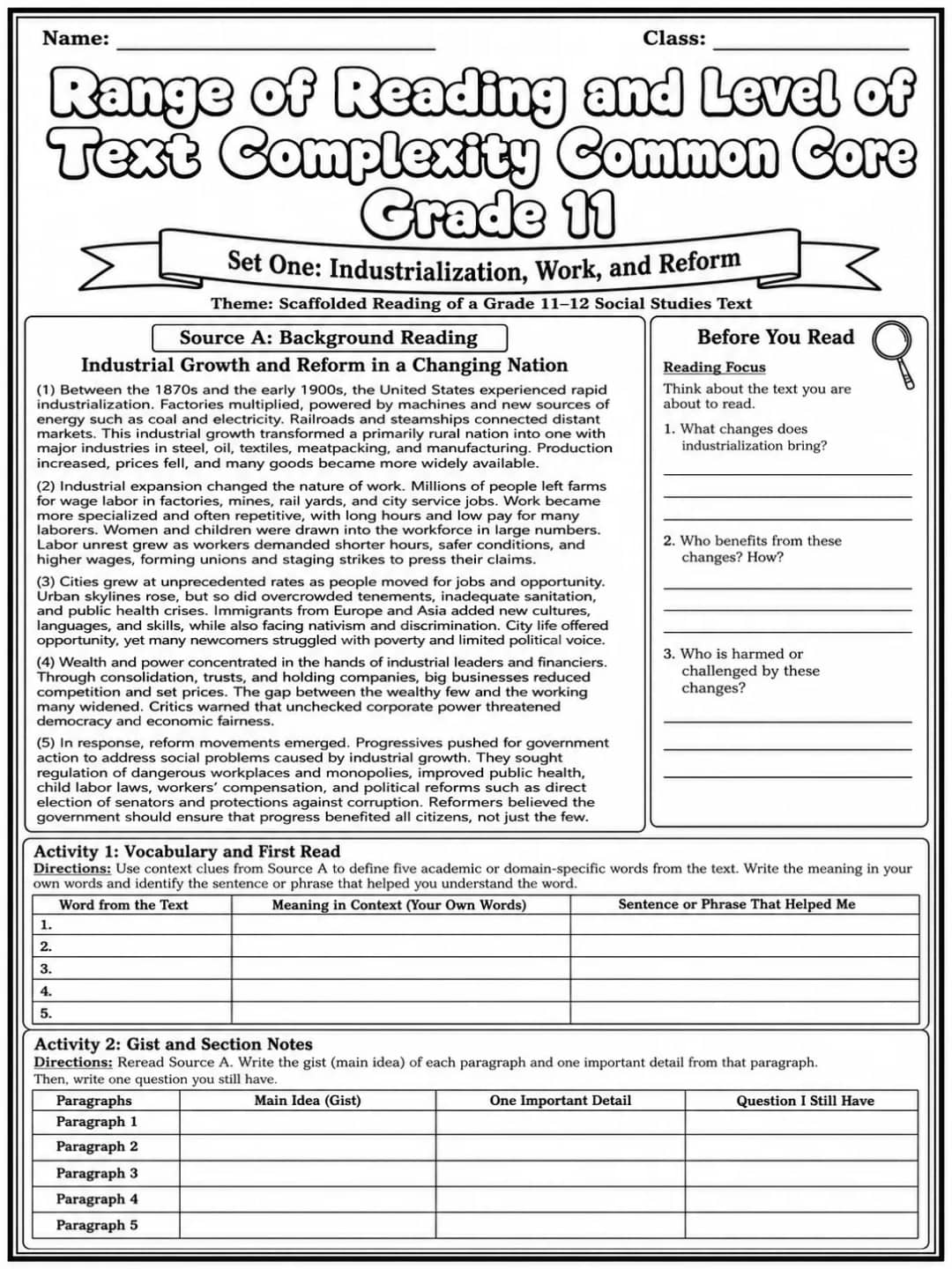 Range of Reading and Level of Text Complexity Common Core Grade 11 printable Common Core ELA Grade 11 worksheet preview from KiwiBee