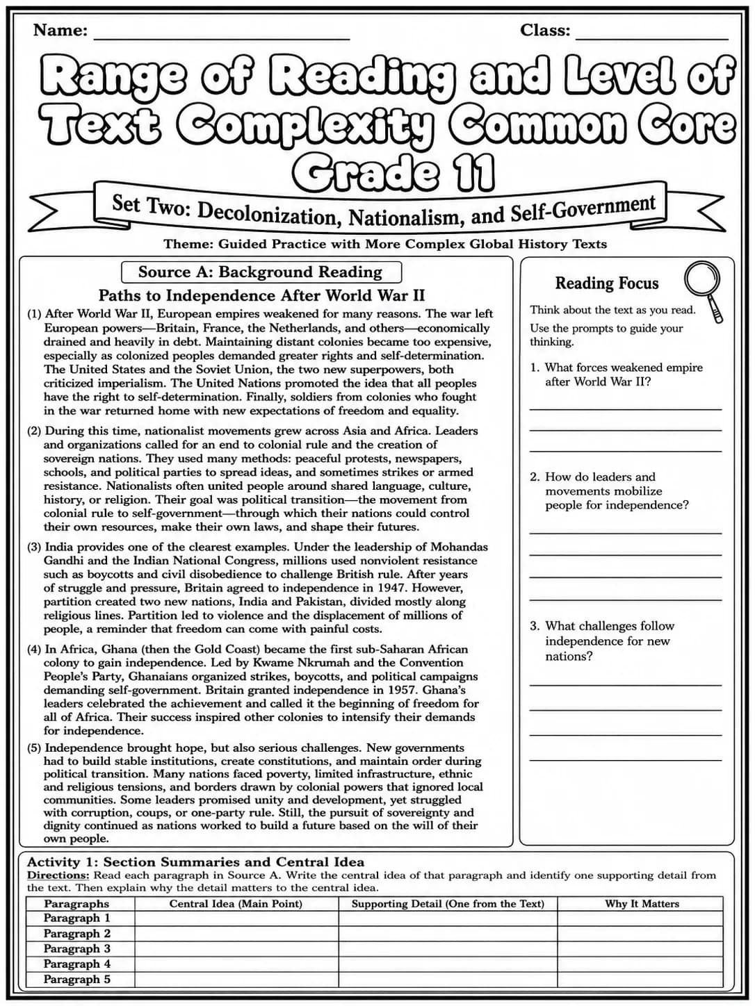 Range of Reading and Level of Text Complexity Common Core Grade 11 page 4 printable Common Core ELA worksheet preview