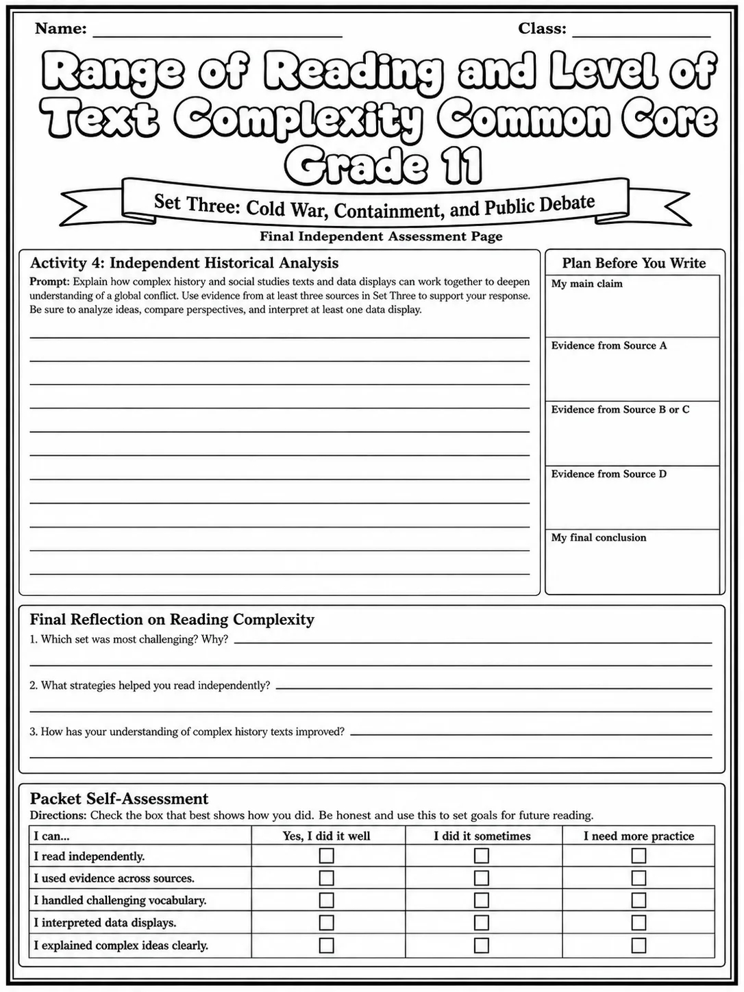 Range of Reading and Level of Text Complexity Common Core Grade 11 page 10 printable Common Core ELA worksheet preview