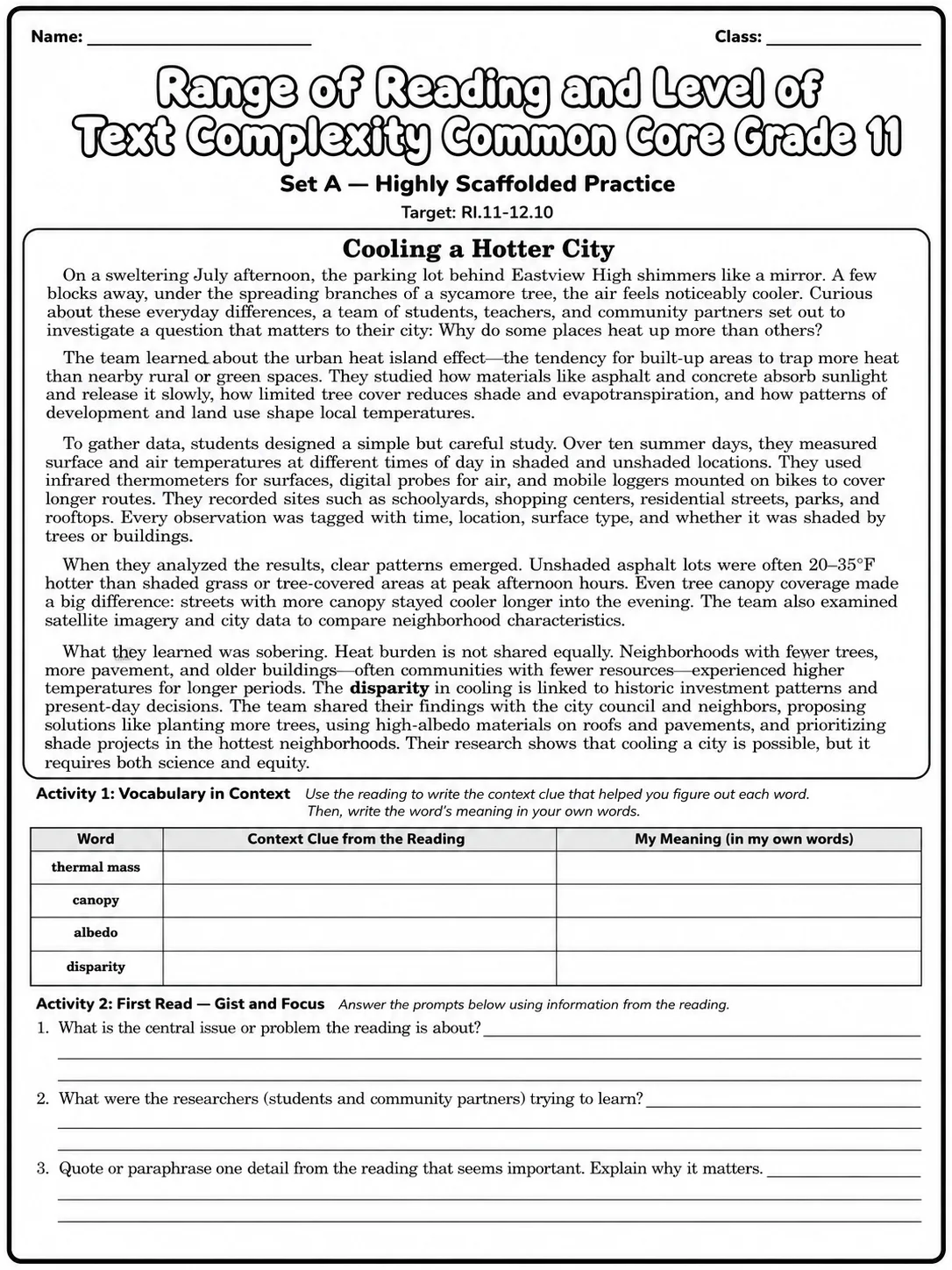Range of Reading and Level of Text Complexity Common Core Grade 11