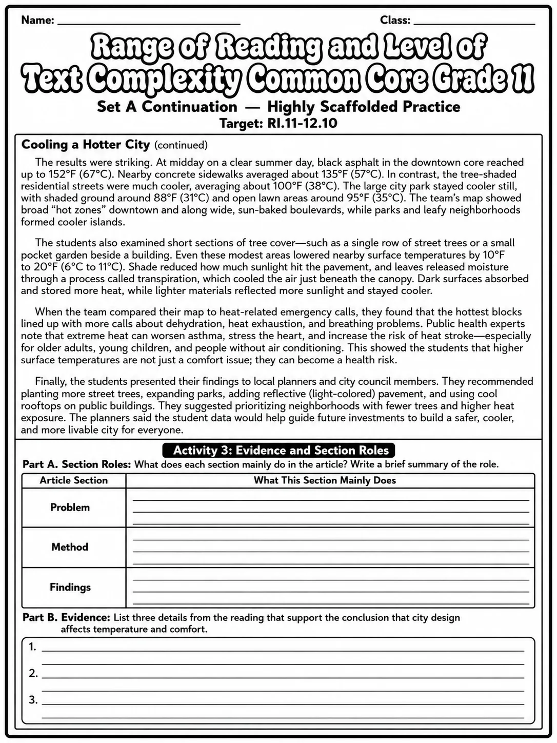 Range of Reading and Level of Text Complexity Common Core Grade 11 page 2 printable Common Core ELA worksheet preview