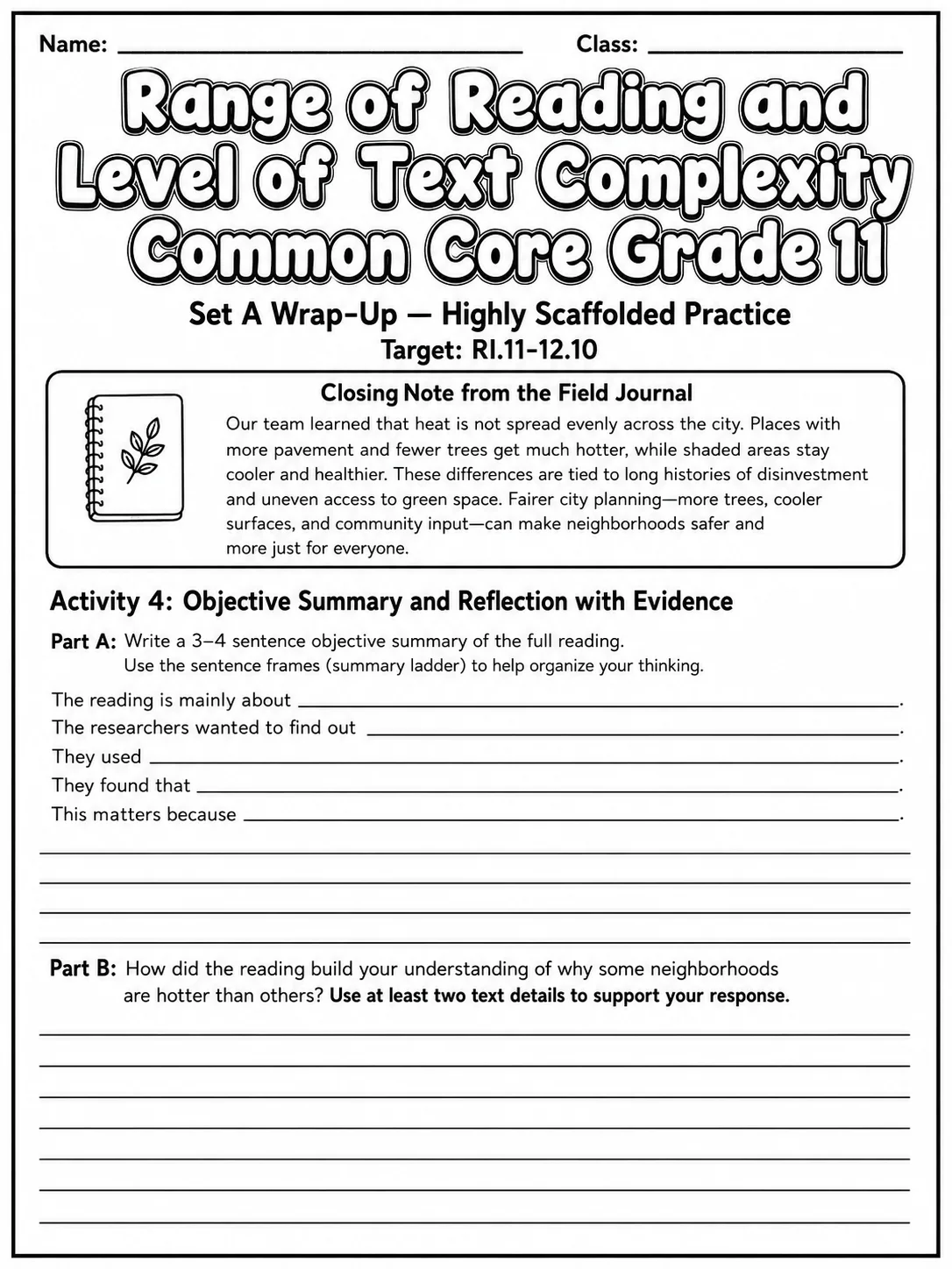 Range of Reading and Level of Text Complexity Common Core Grade 11 page 3 printable Common Core ELA worksheet preview