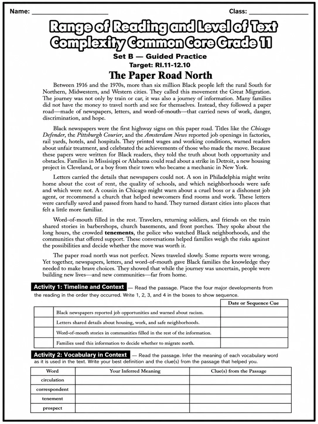 Range of Reading and Level of Text Complexity Common Core Grade 11 page 4 printable Common Core ELA worksheet preview
