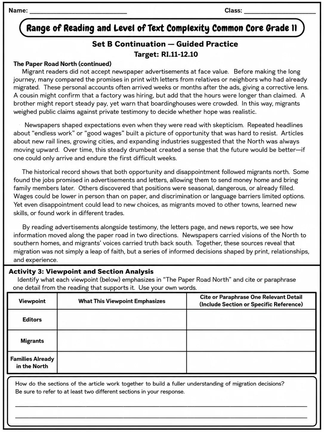 Range of Reading and Level of Text Complexity Common Core Grade 11 page 5 printable Common Core ELA worksheet preview