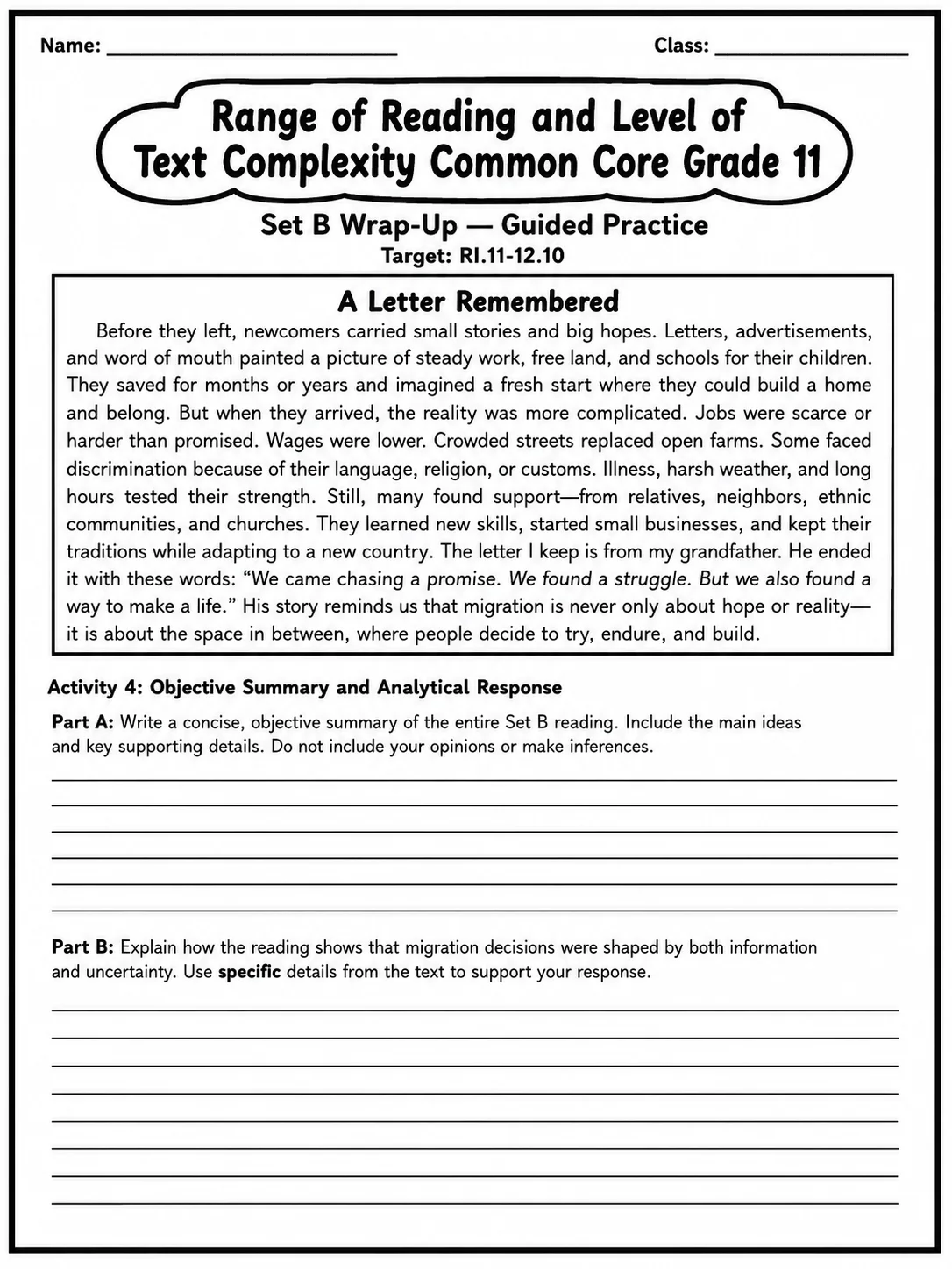 Range of Reading and Level of Text Complexity Common Core Grade 11 page 6 printable Common Core ELA worksheet preview