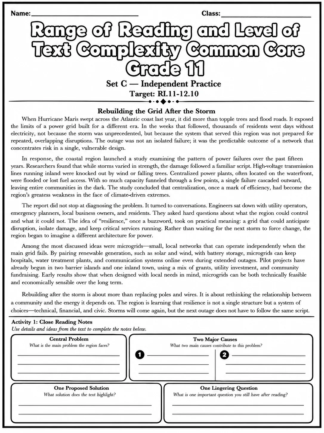 Range of Reading and Level of Text Complexity Common Core Grade 11 page 7 printable Common Core ELA worksheet preview