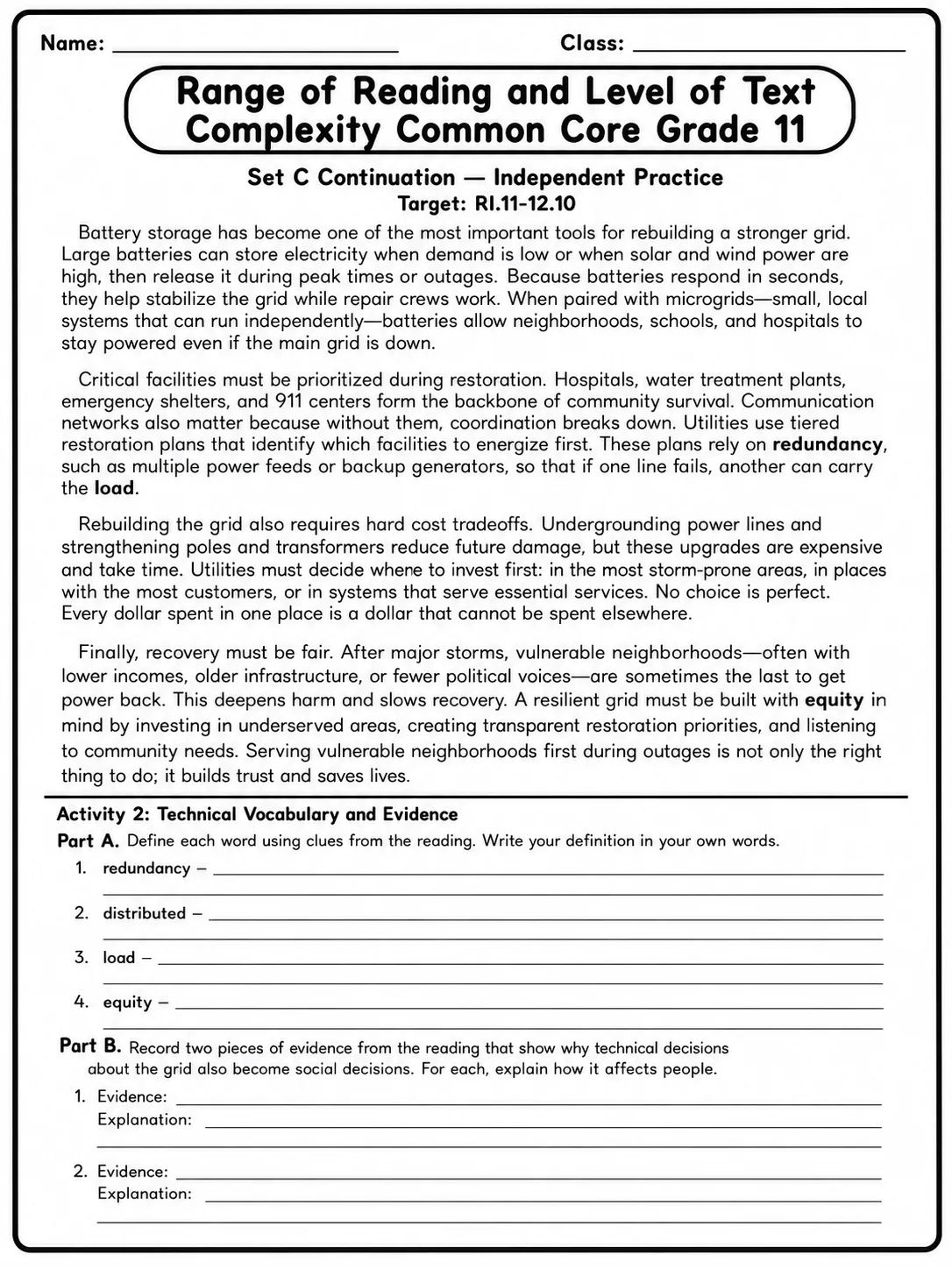 Range of Reading and Level of Text Complexity Common Core Grade 11 page 8 printable Common Core ELA worksheet preview