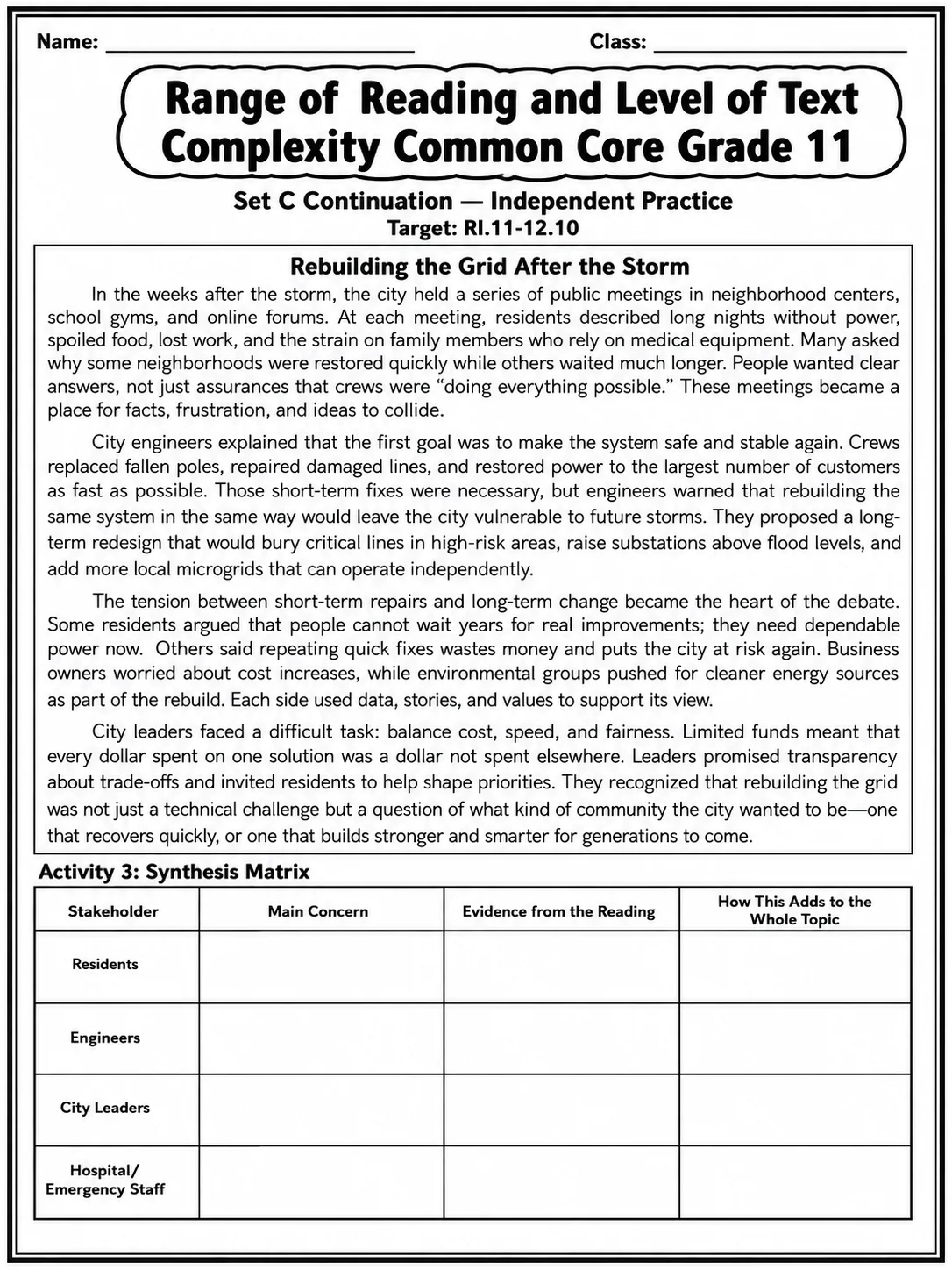 Range of Reading and Level of Text Complexity Common Core Grade 11 page 9 printable Common Core ELA worksheet preview