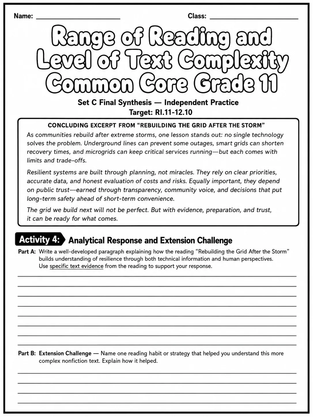 Range of Reading and Level of Text Complexity Common Core Grade 11 page 10 printable Common Core ELA worksheet preview