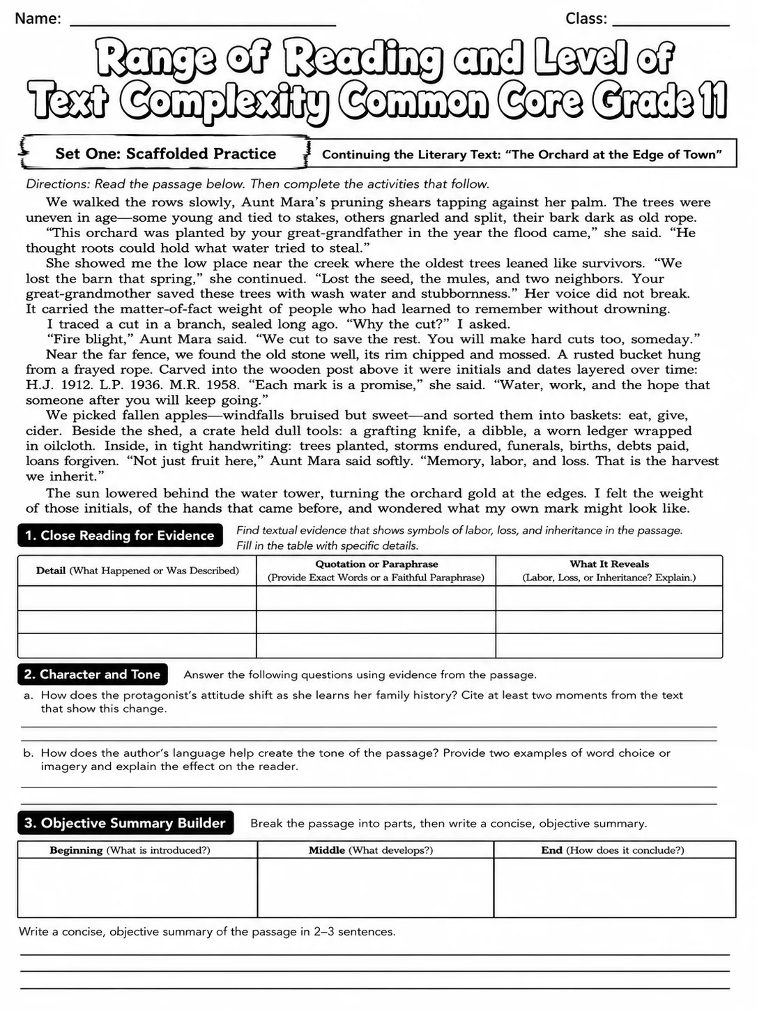 Range of Reading and Level of Text Complexity Common Core Grade 11 page 2 printable Common Core ELA worksheet preview