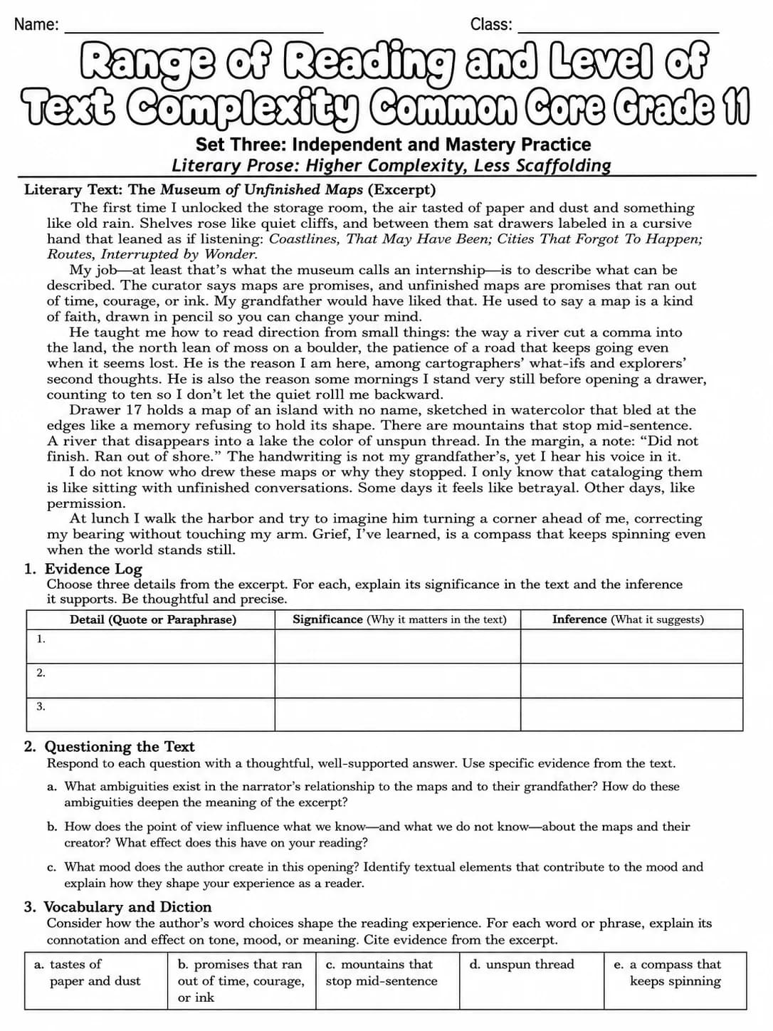 Range of Reading and Level of Text Complexity Common Core Grade 11 page 7 printable Common Core ELA worksheet preview