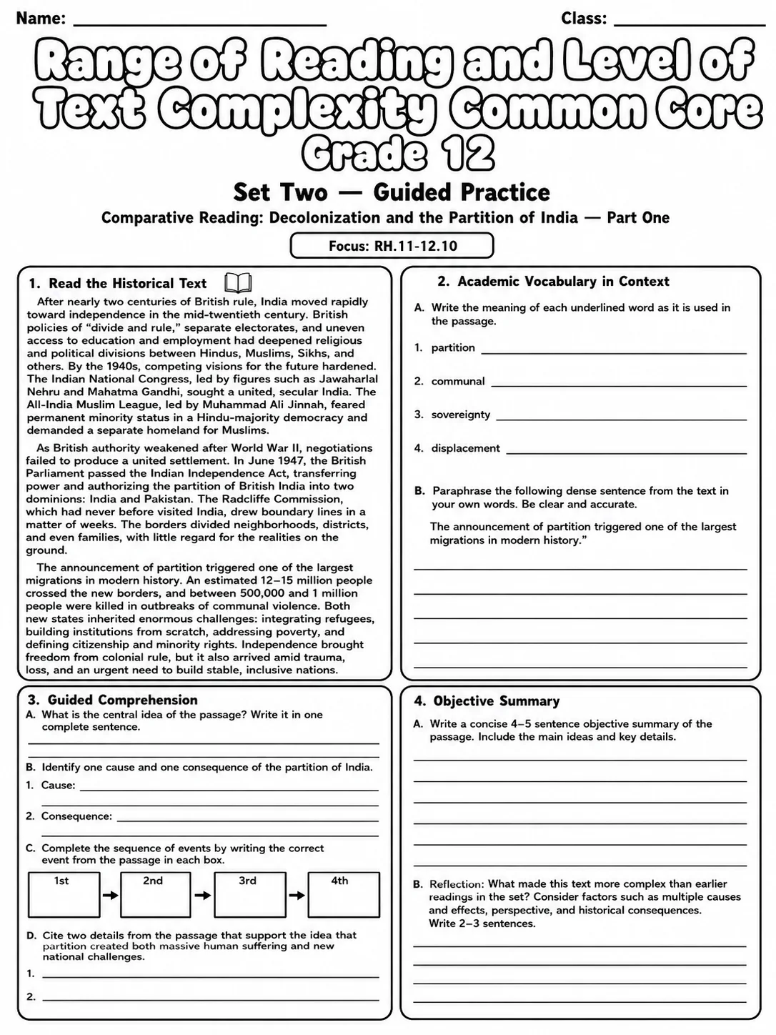 Range of Reading and Level of Text Complexity Common Core Grade 12 page 4 printable Common Core ELA worksheet preview
