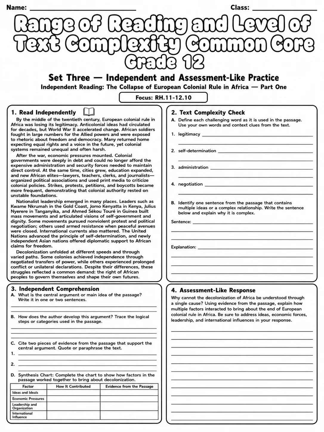 Range of Reading and Level of Text Complexity Common Core Grade 12 page 7 printable Common Core ELA worksheet preview