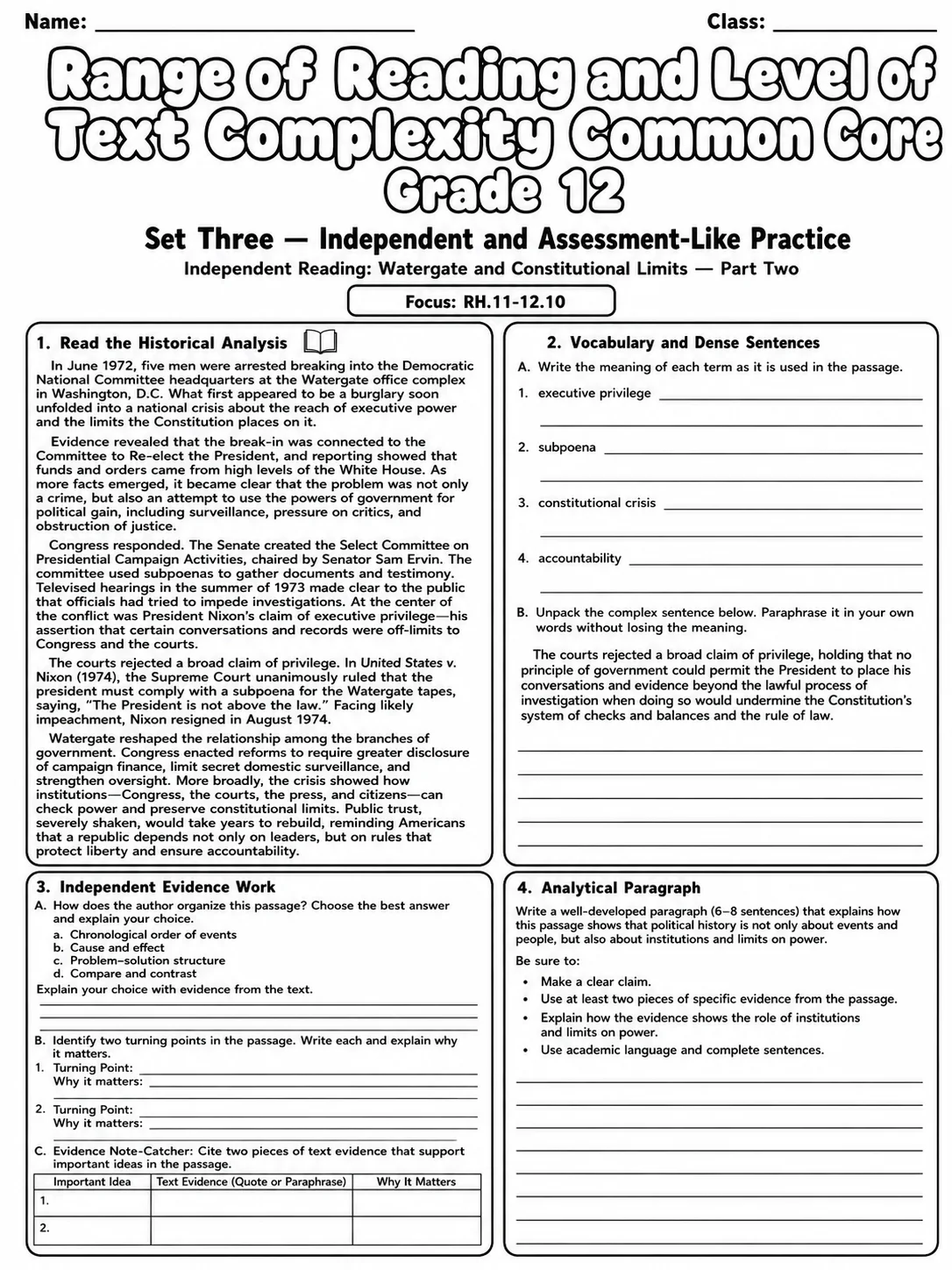 Range of Reading and Level of Text Complexity Common Core Grade 12 page 8 printable Common Core ELA worksheet preview