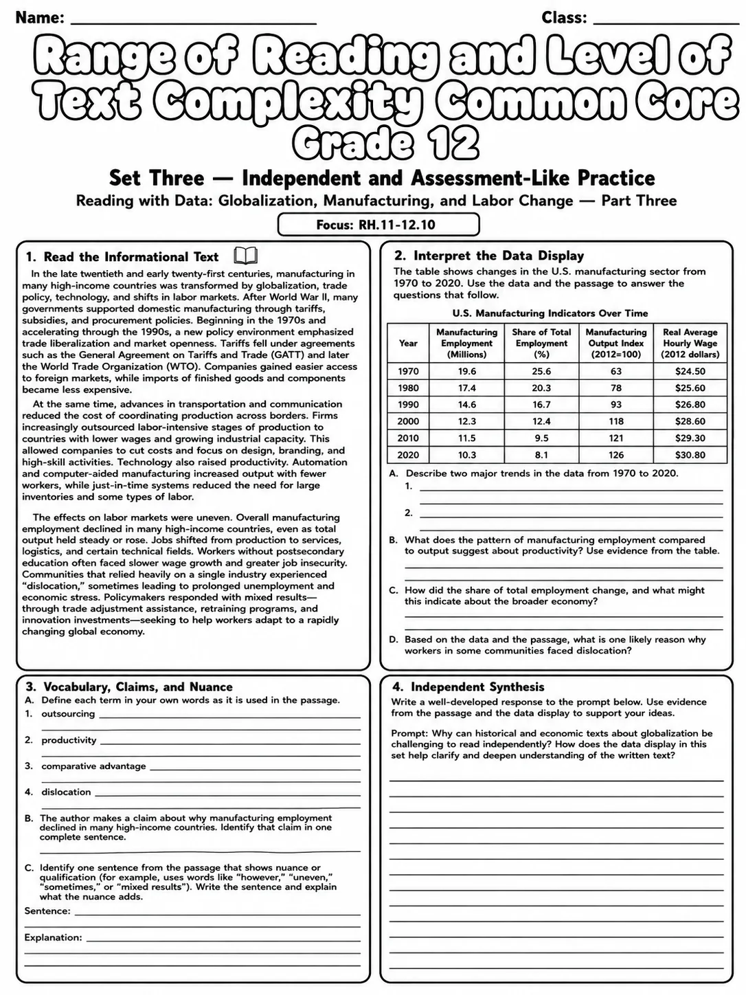 Range of Reading and Level of Text Complexity Common Core Grade 12 page 9 printable Common Core ELA worksheet preview