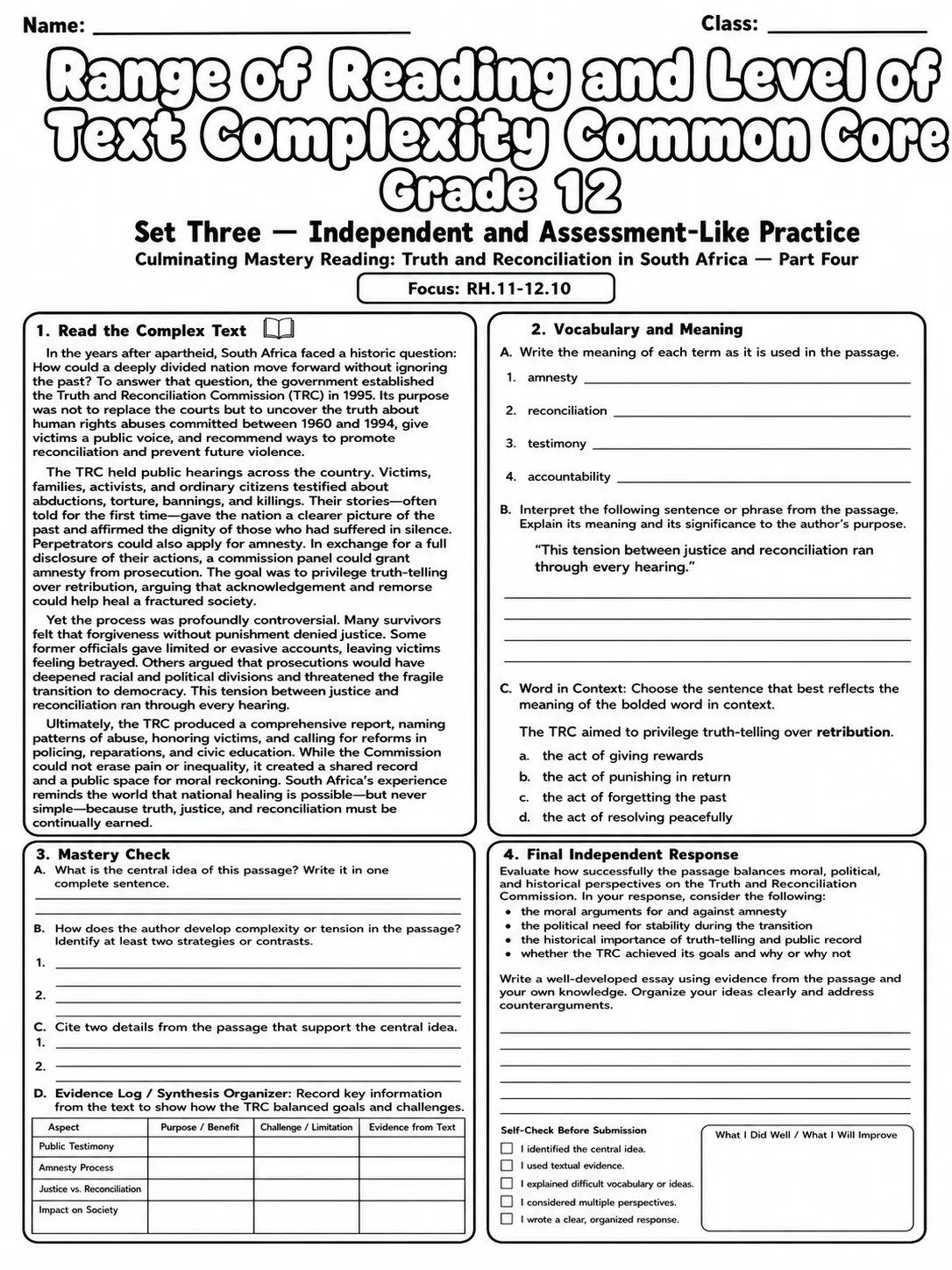 Range of Reading and Level of Text Complexity Common Core Grade 12 page 10 printable Common Core ELA worksheet preview