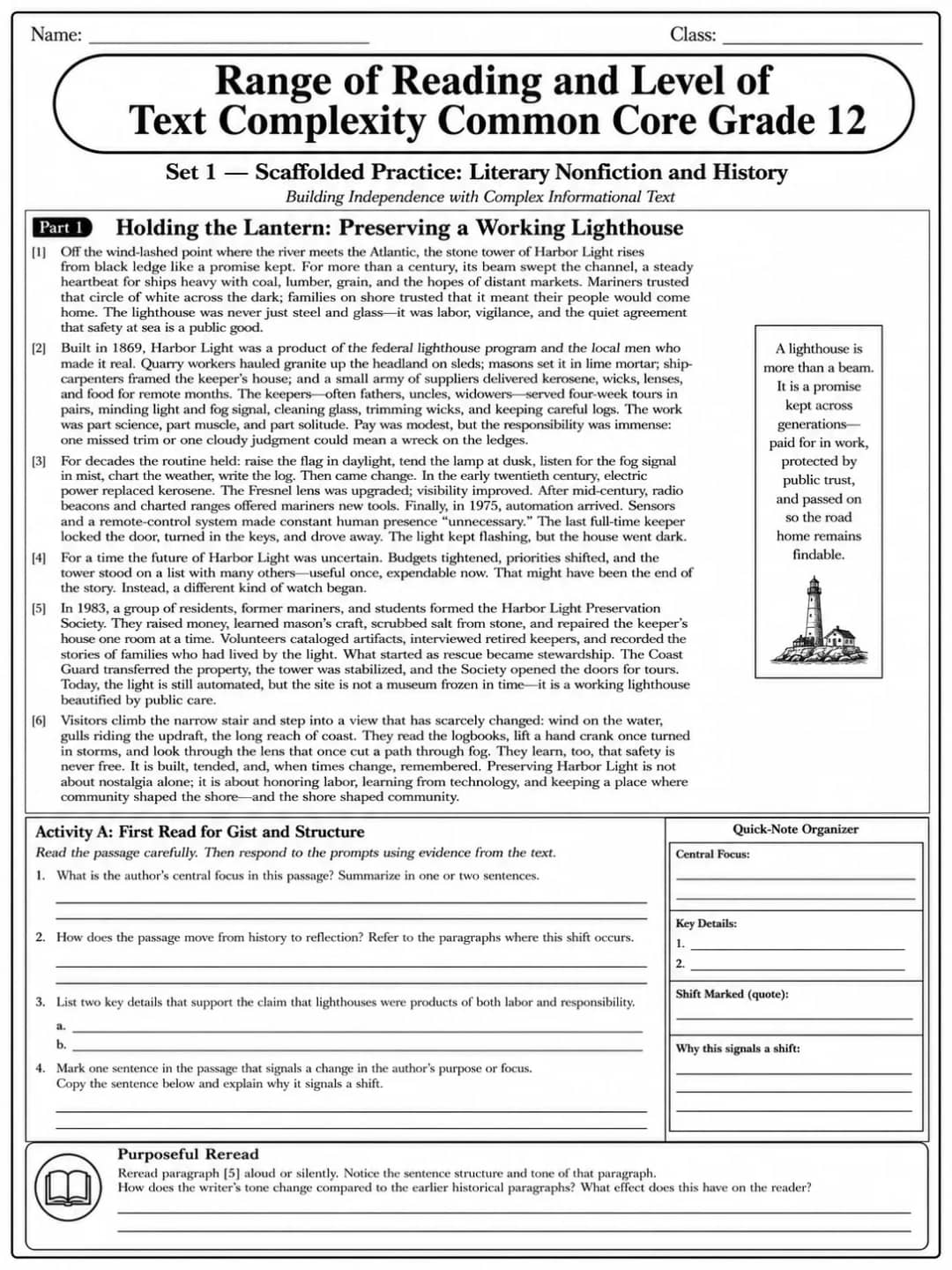 Range of Reading and Level of Text Complexity Common Core Grade 12 printable Common Core ELA Grade 12 worksheet preview from KiwiBee
