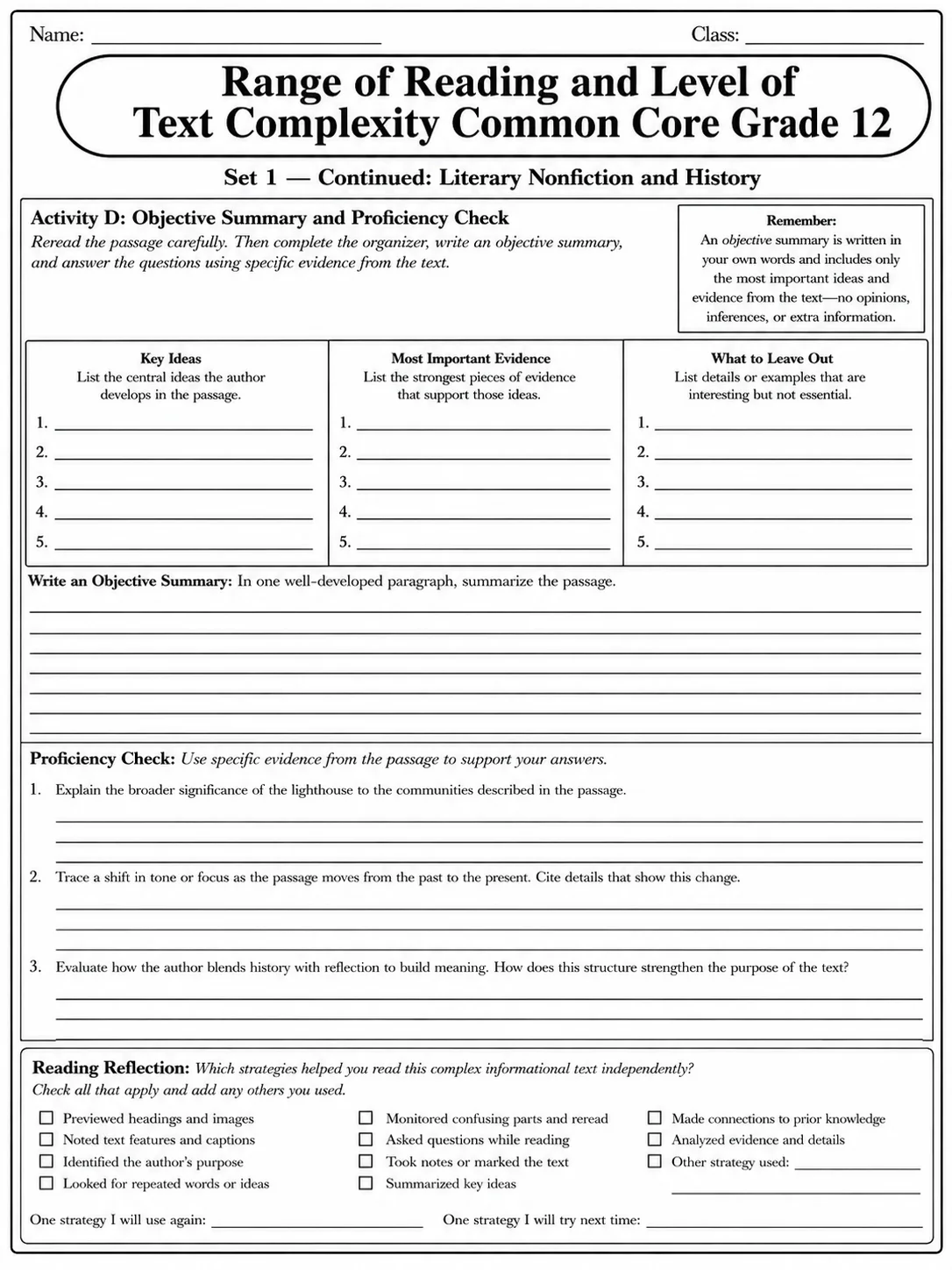 Range of Reading and Level of Text Complexity Common Core Grade 12 page 3 printable Common Core ELA worksheet preview