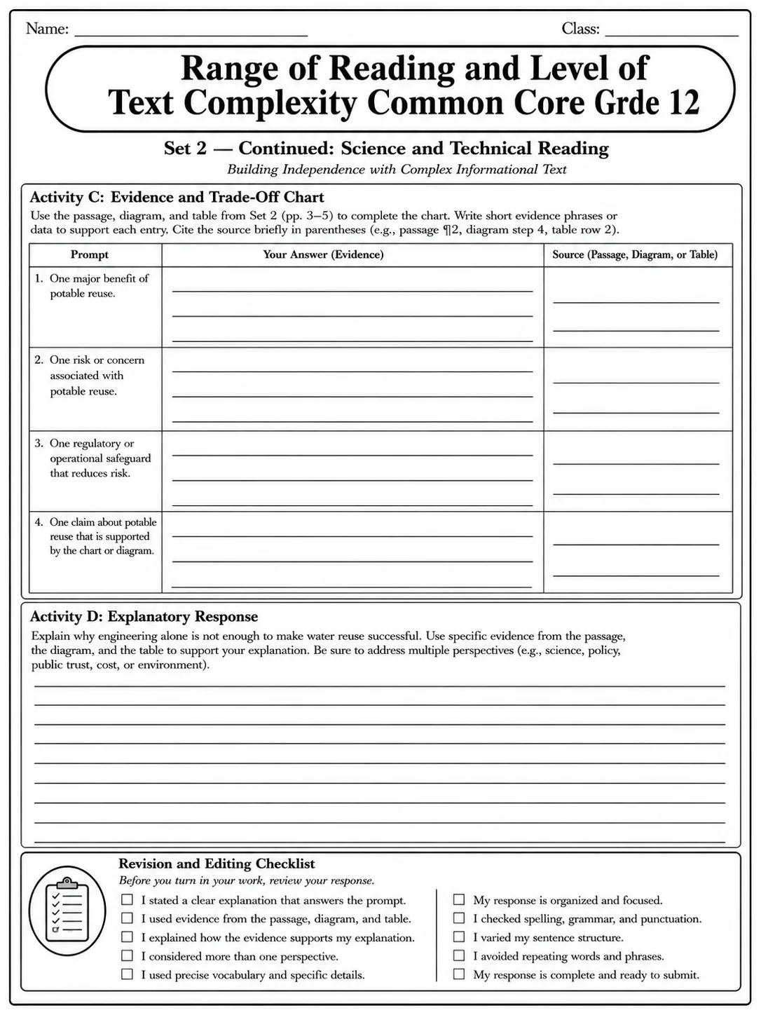 Range of Reading and Level of Text Complexity Common Core Grade 12 page 6 printable Common Core ELA worksheet preview